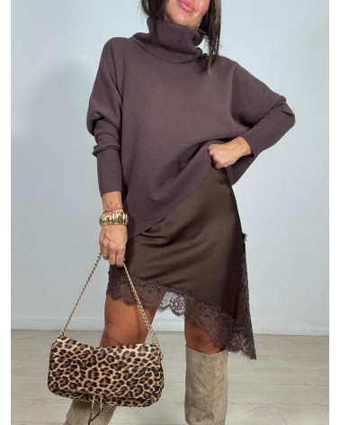 FALDA SATÉN ASIMÉTRICA ENCAJE