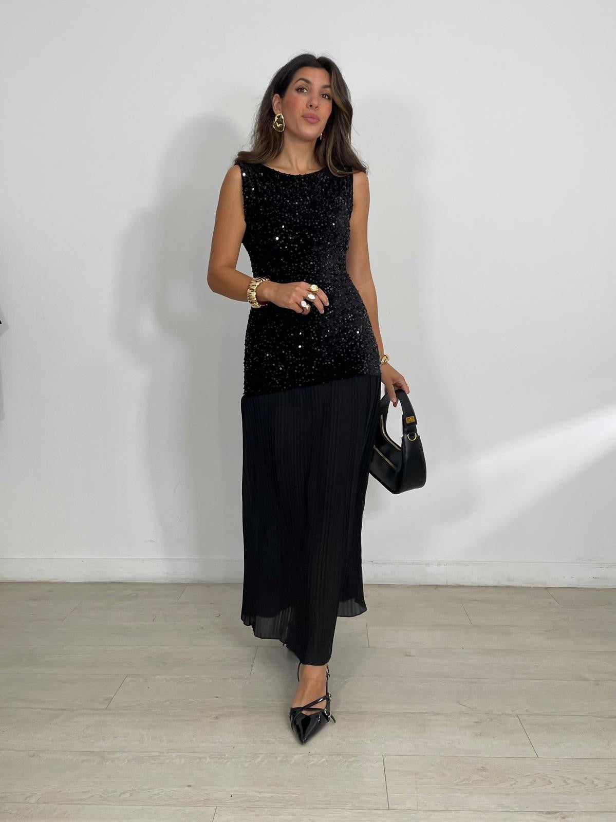 VESTIDO COMBINADO TERCIOPELO + BAJO PLISADO