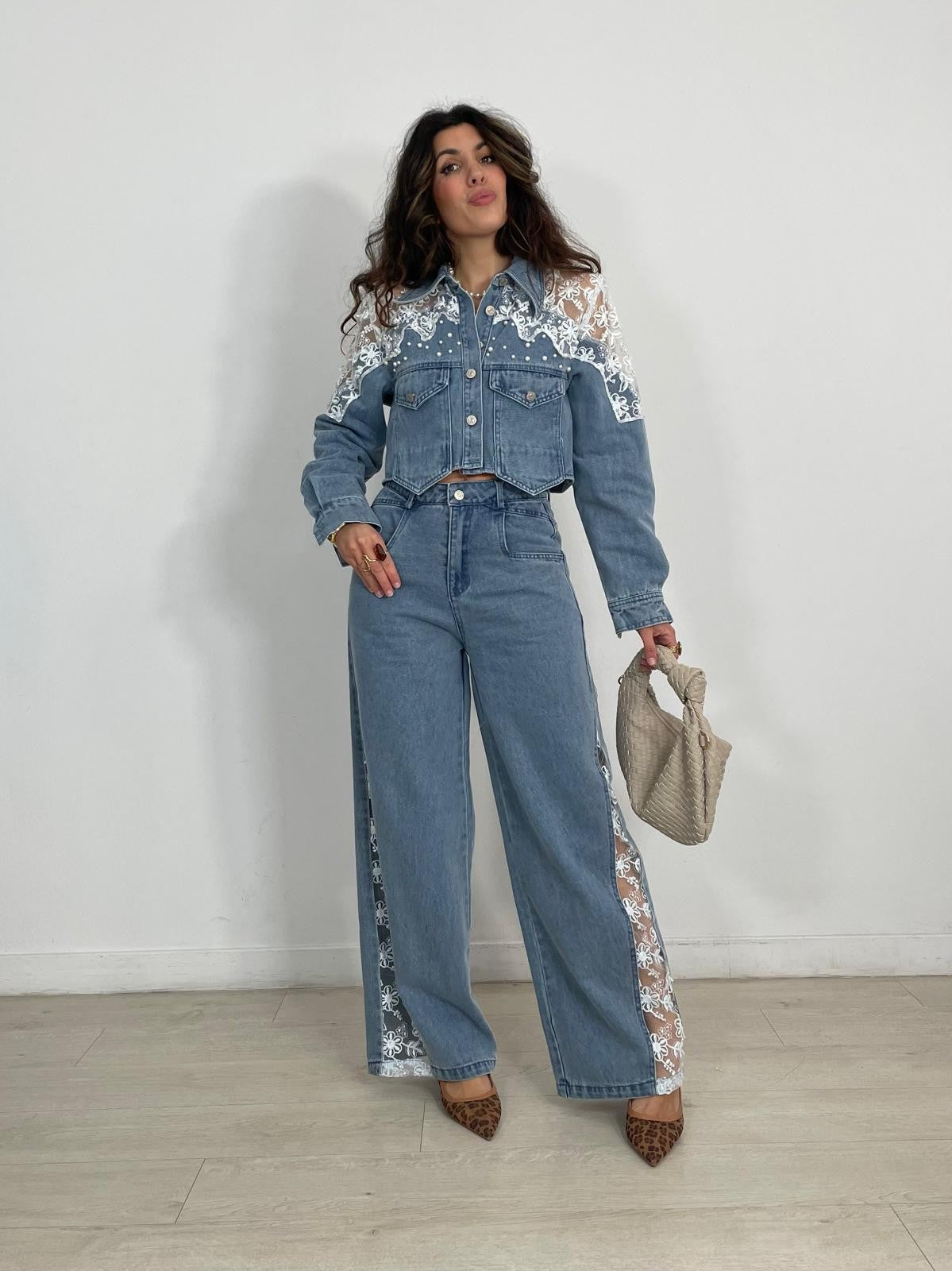 CONJUNTO VAQUERO  ENCAJE Y PERLAS