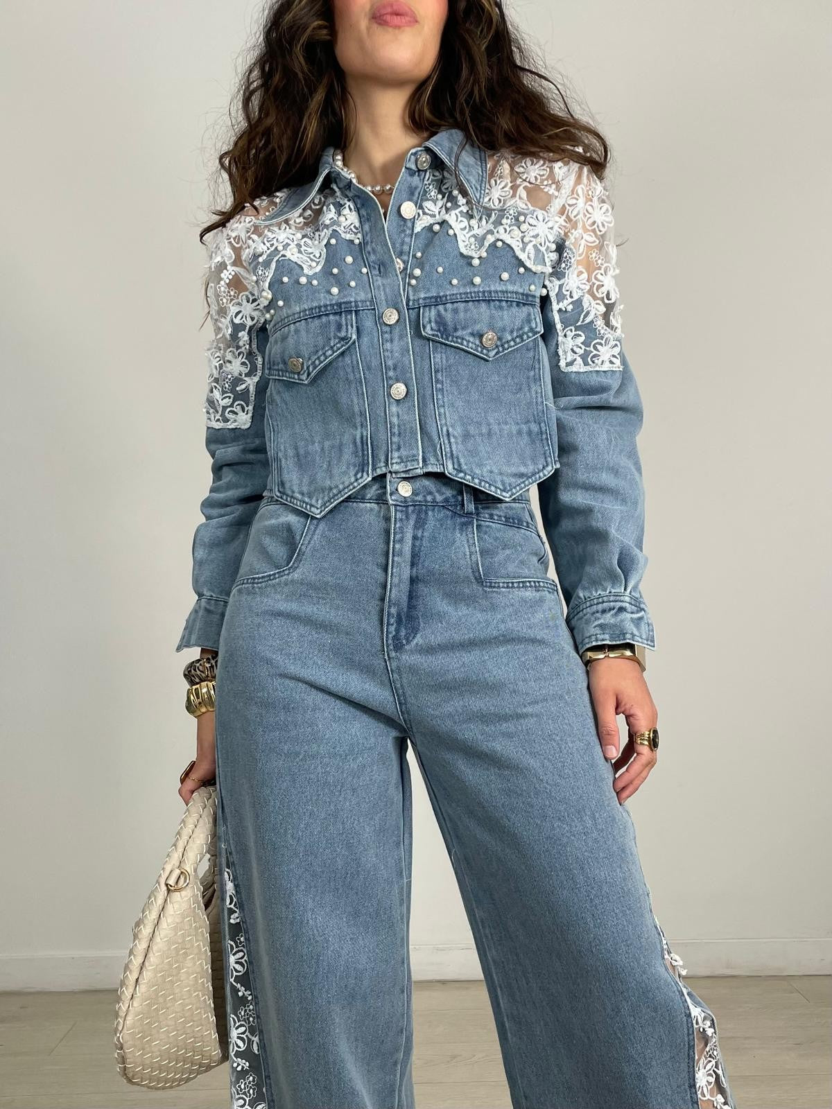 CONJUNTO VAQUERO  ENCAJE Y PERLAS