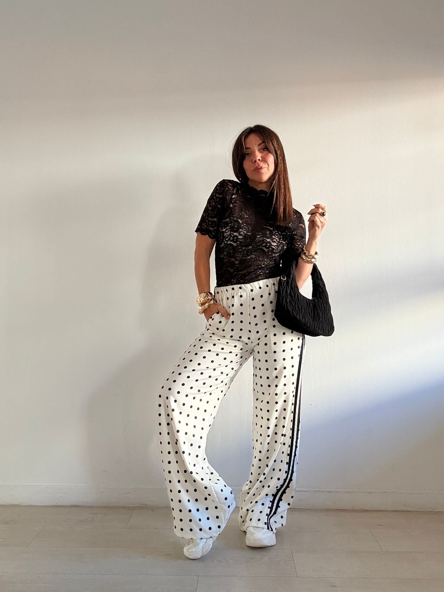 PANTALÓN ANCHO LUNARES + RAYA LATERAL