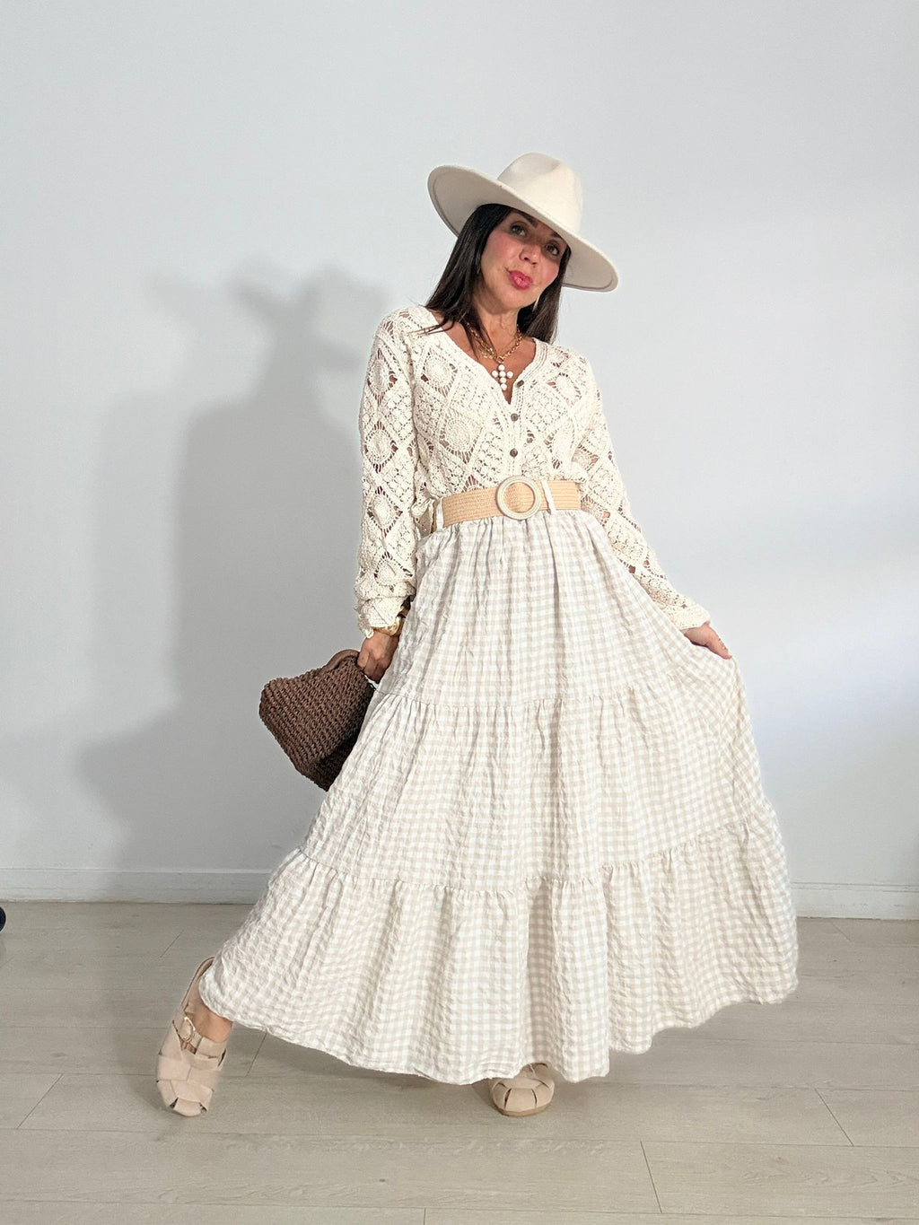 FALDA LARGA VICHY + CINTURÓN RAFIA