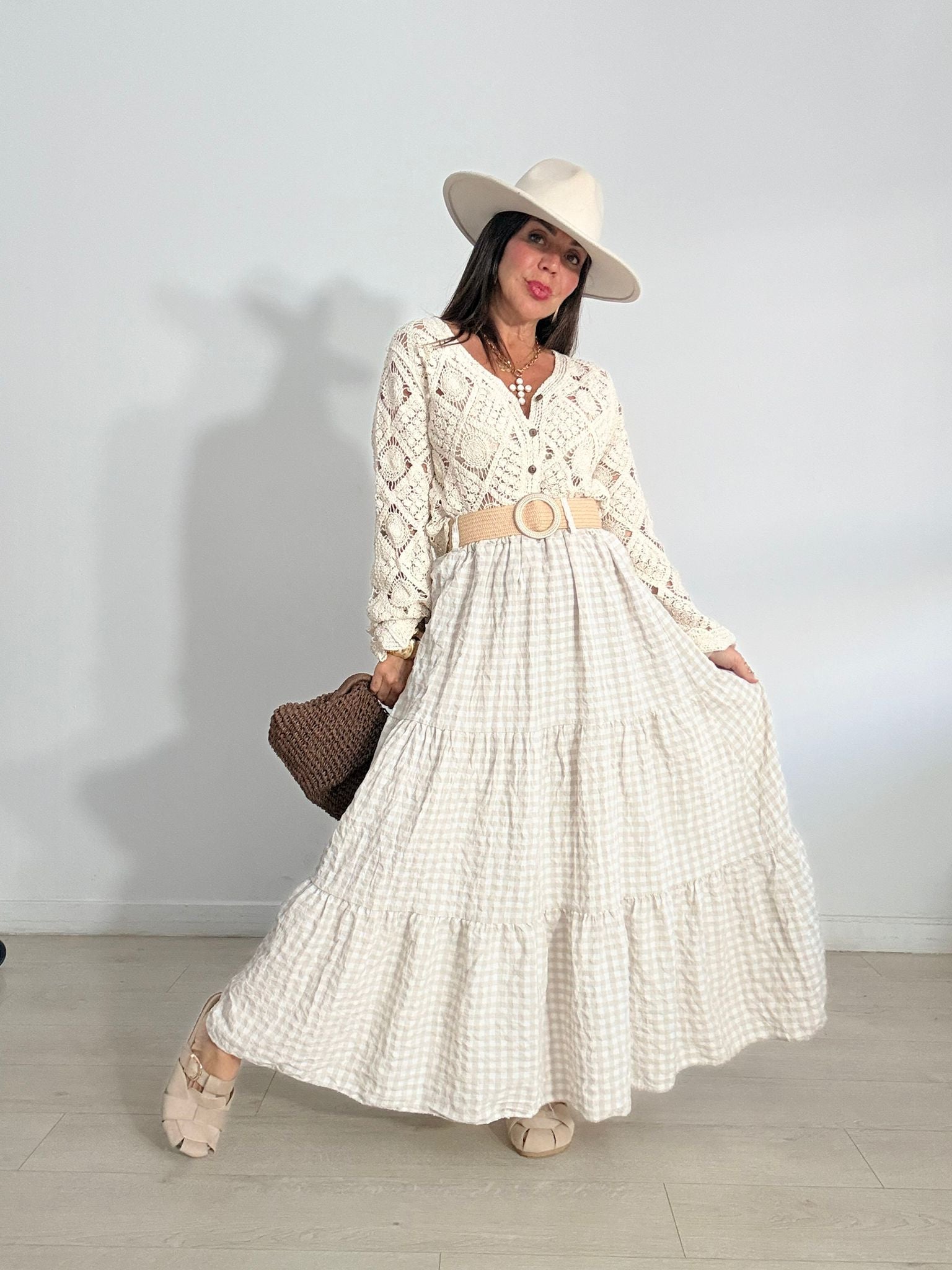 FALDA LARGA VICHY + CINTURÓN RAFIA