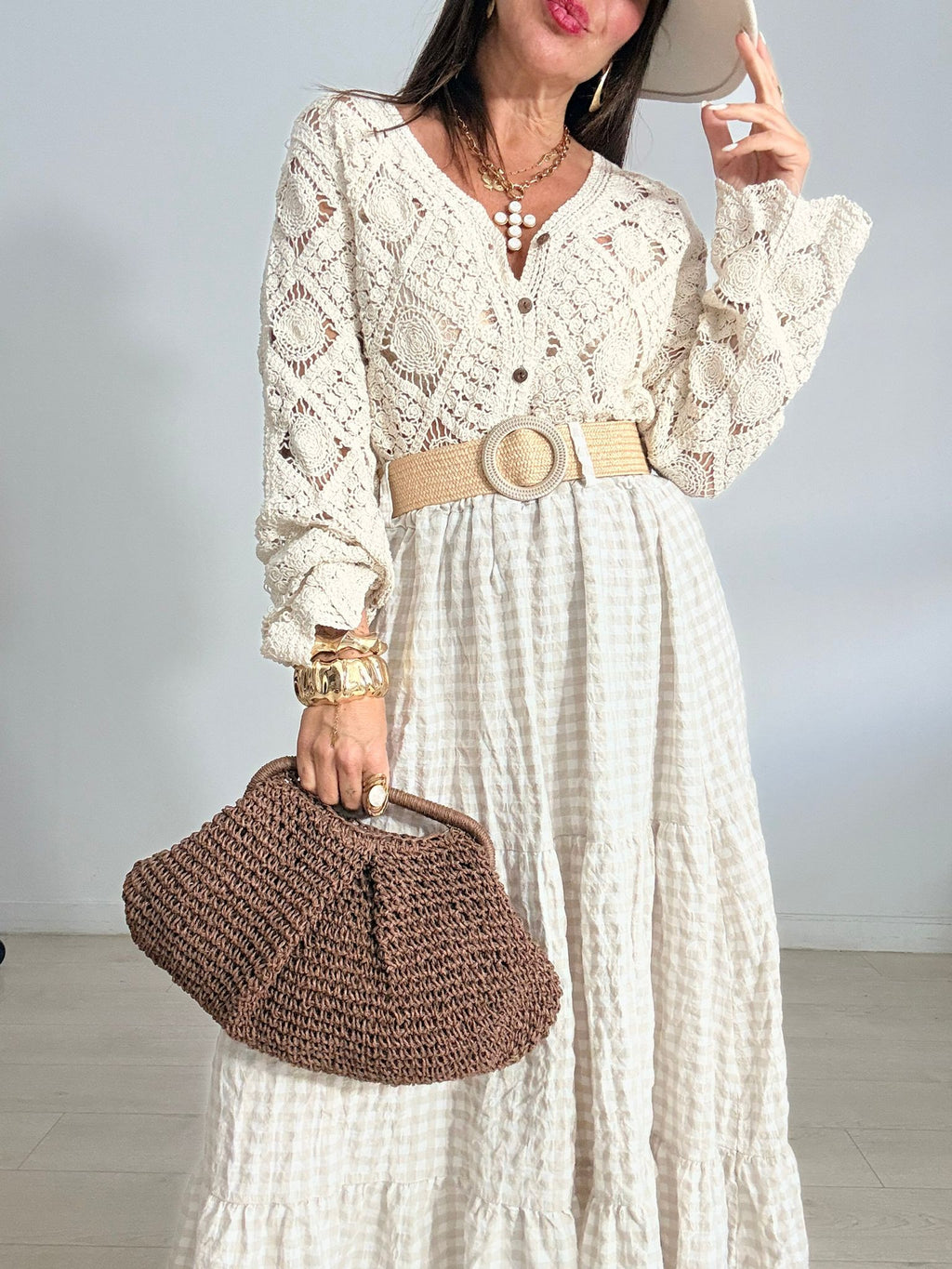 FALDA LARGA VICHY + CINTURÓN RAFIA