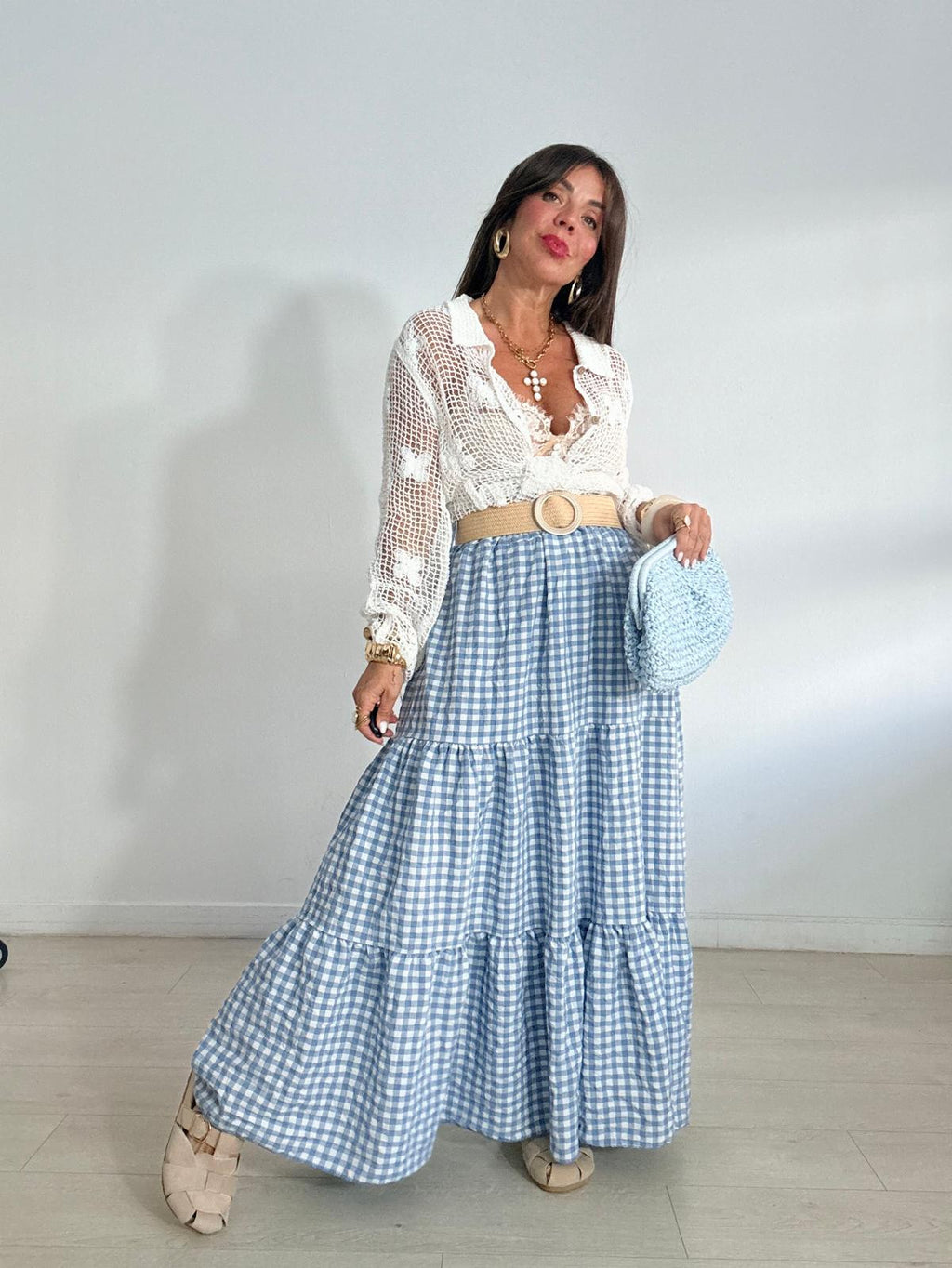 FALDA LARGA VICHY + CINTURÓN RAFIA