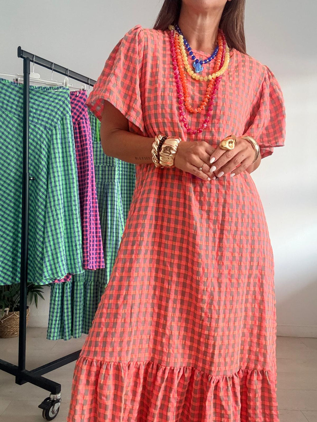 VESTIDO LARGO VICHY MANGA CORTA
