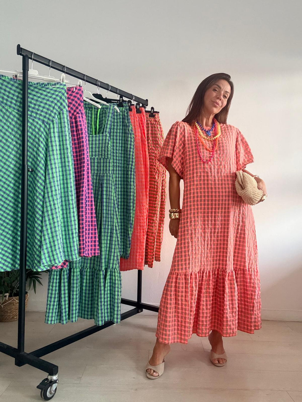 VESTIDO LARGO VICHY MANGA CORTA