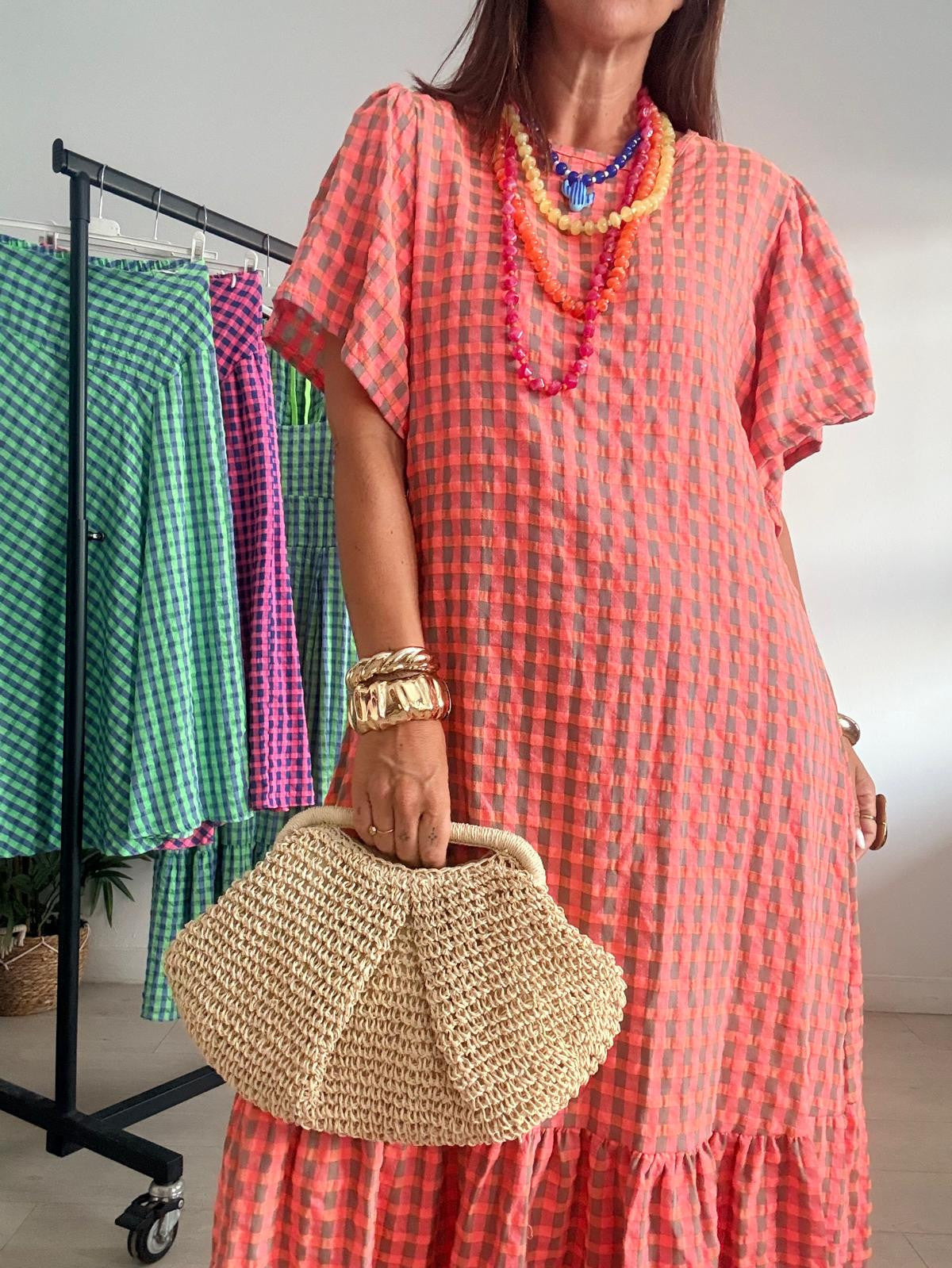 VESTIDO LARGO VICHY MANGA CORTA