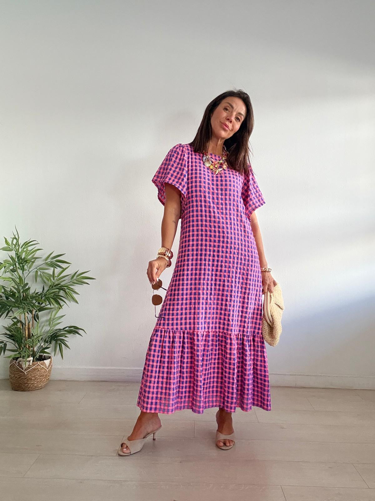 VESTIDO LARGO VICHY MANGA CORTA