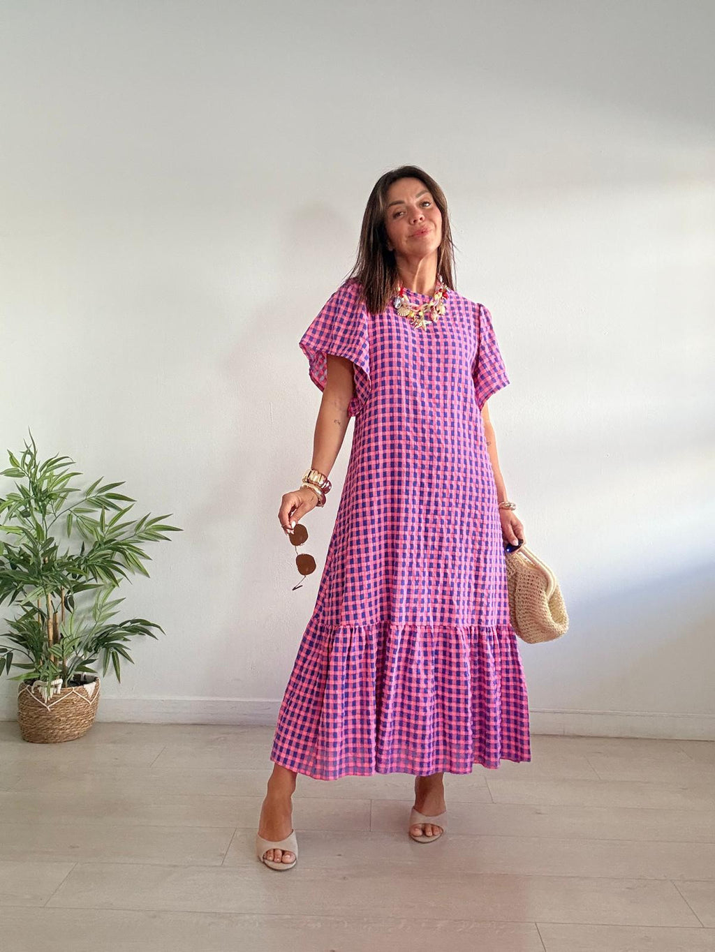 VESTIDO LARGO VICHY MANGA CORTA