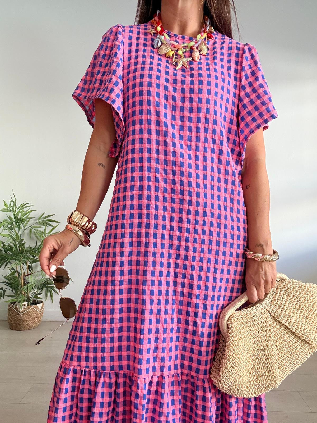 VESTIDO LARGO VICHY MANGA CORTA