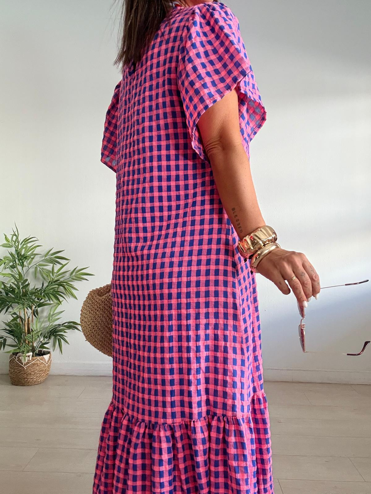 VESTIDO LARGO VICHY MANGA CORTA