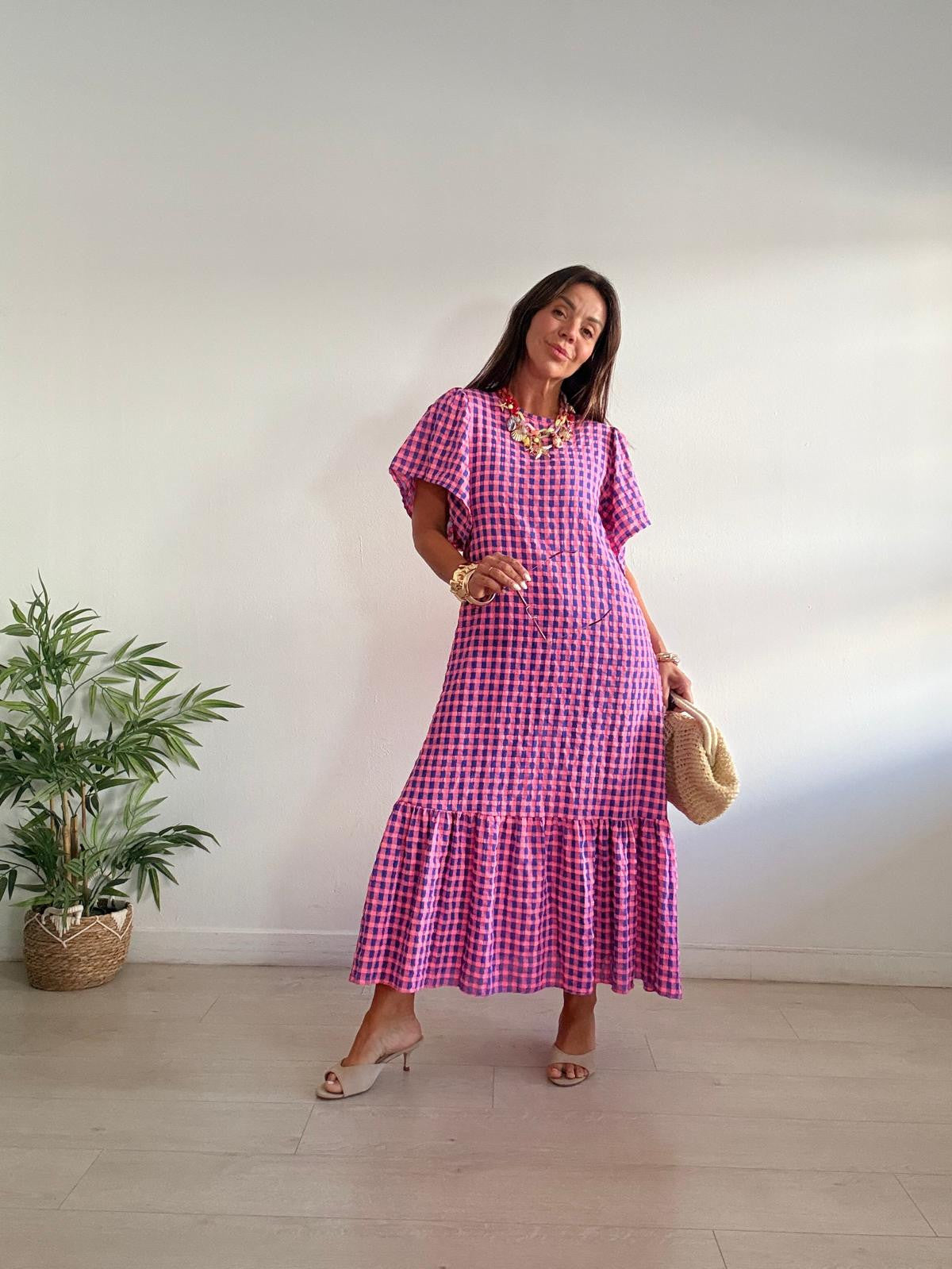 VESTIDO LARGO VICHY MANGA CORTA