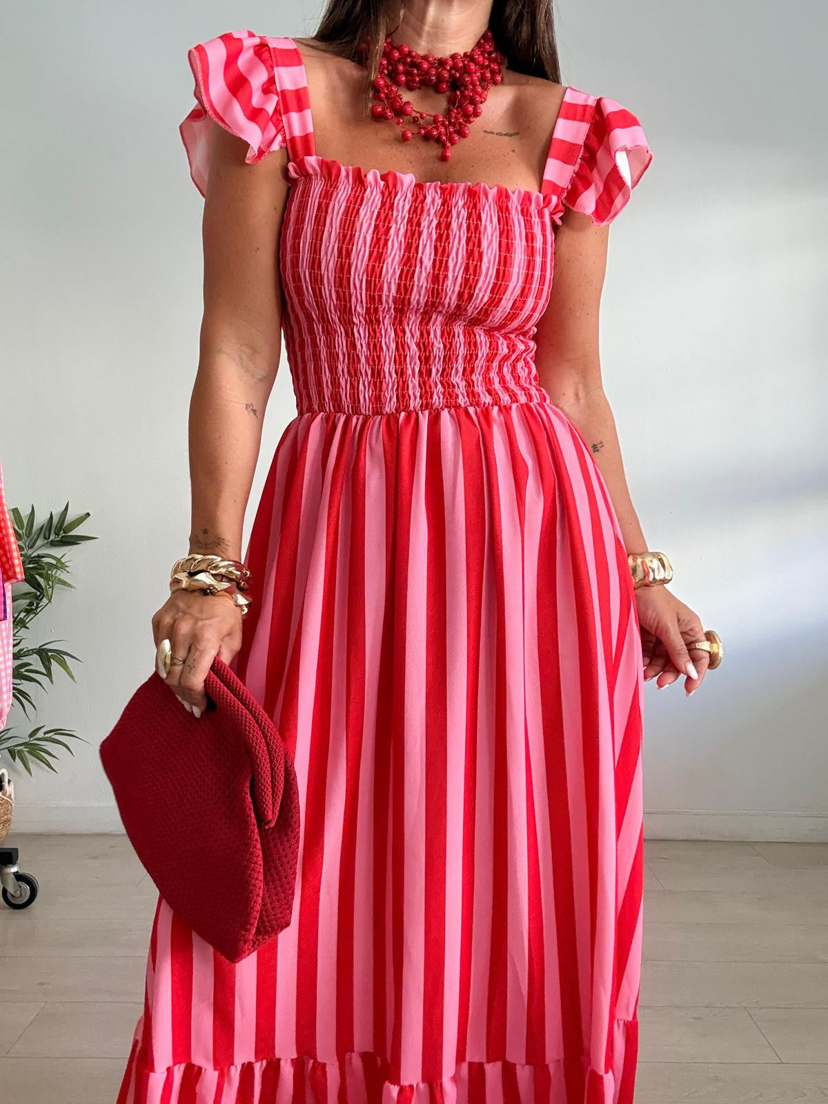 VESTIDO RAYAS PECHO NIDO DE ABEJA