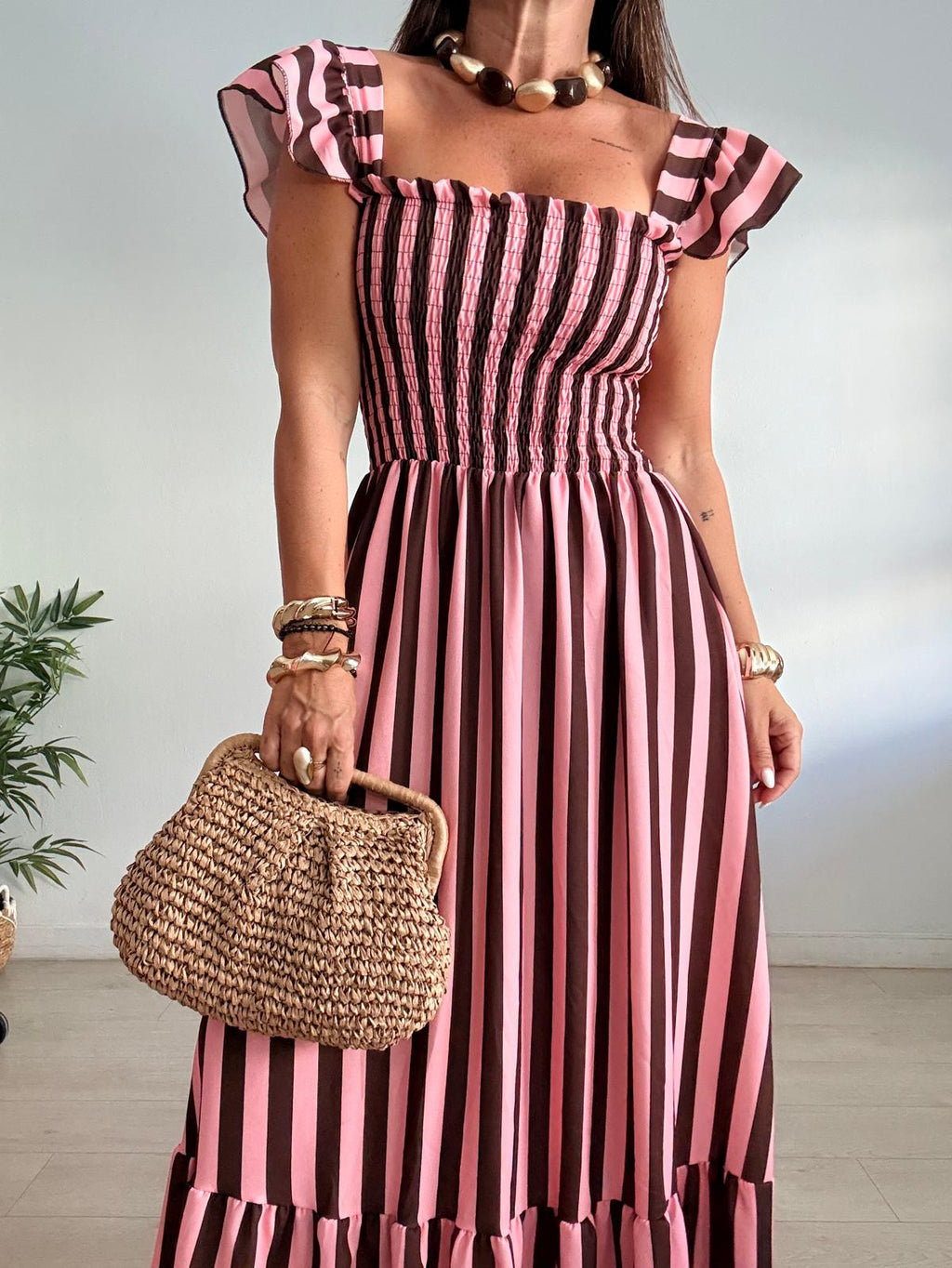 VESTIDO RAYAS PECHO NIDO DE ABEJA