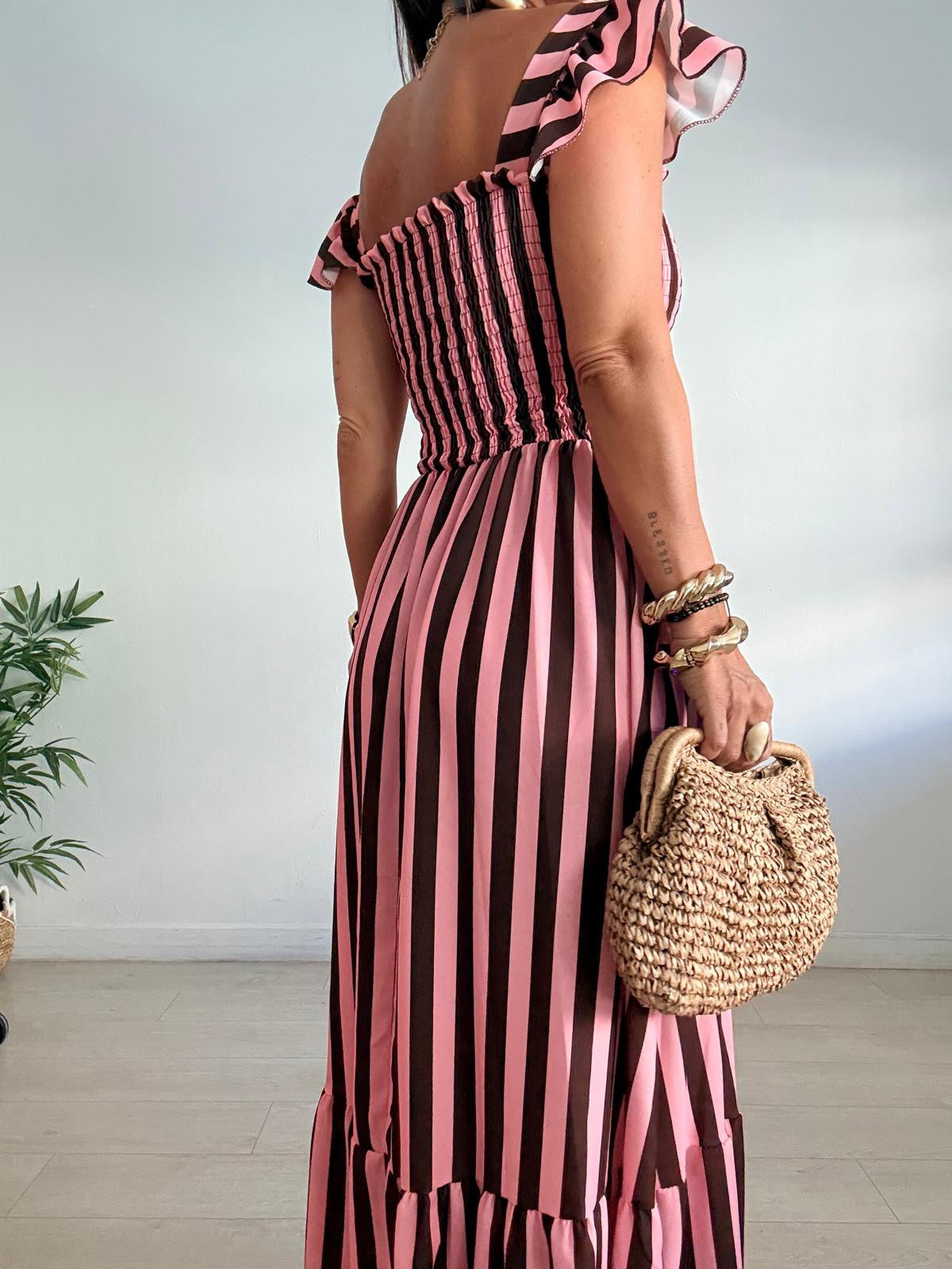 VESTIDO RAYAS PECHO NIDO DE ABEJA