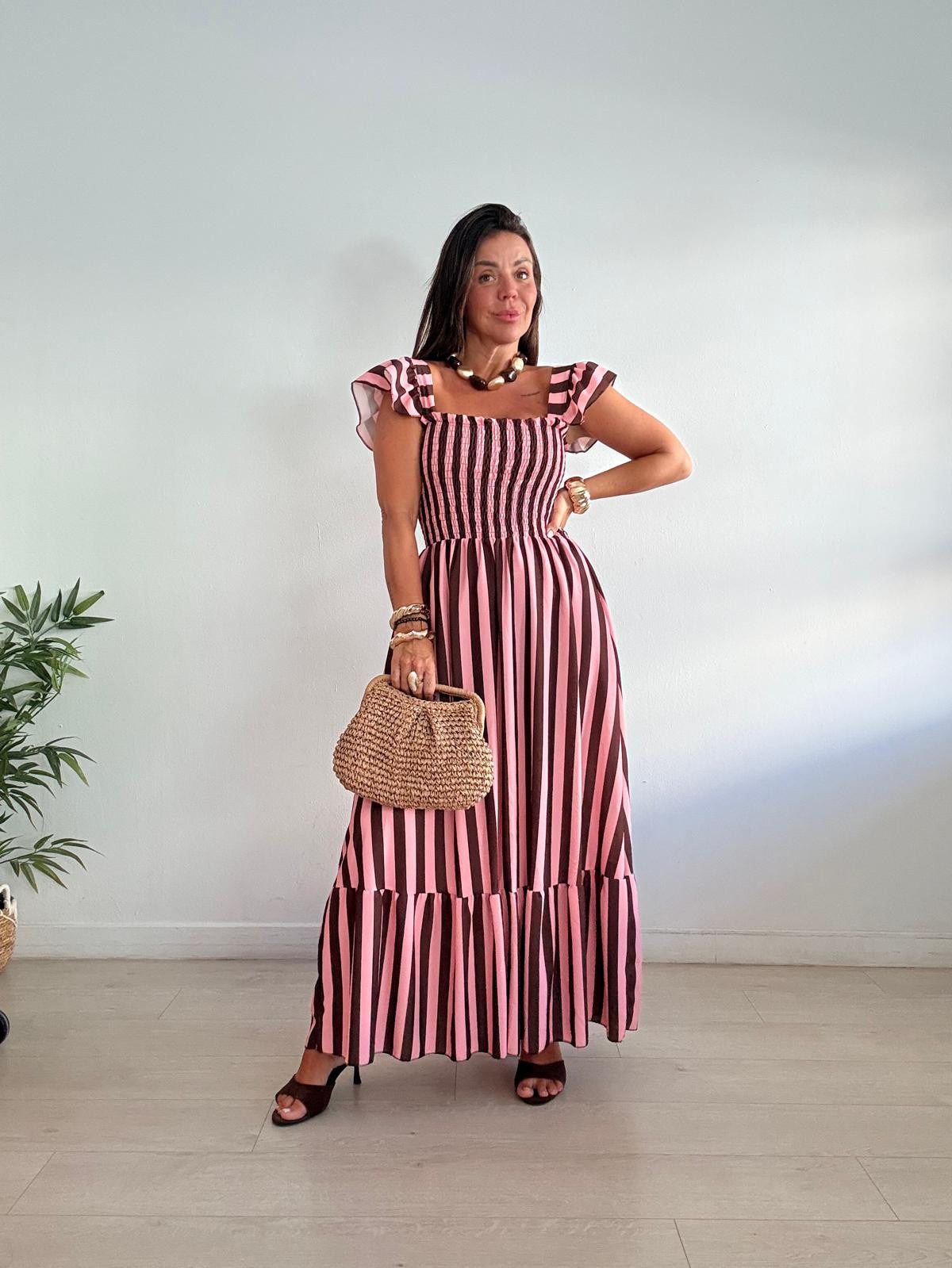 VESTIDO RAYAS PECHO NIDO DE ABEJA