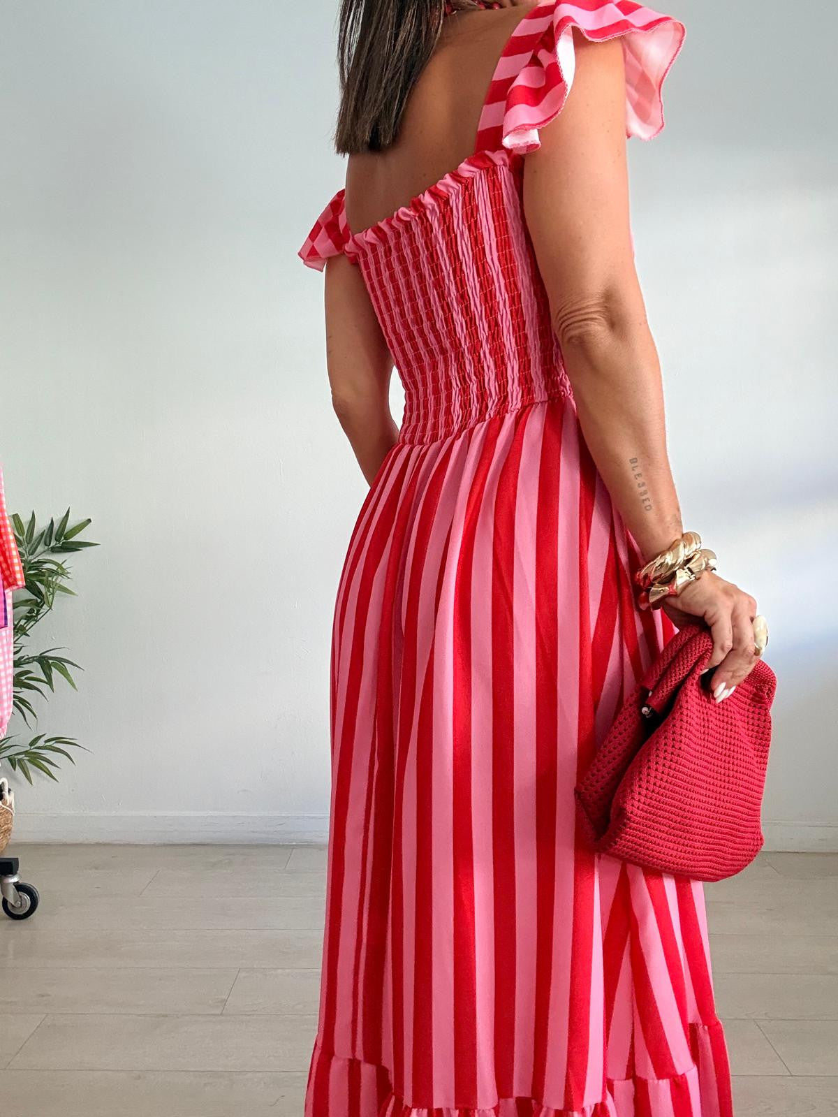 VESTIDO RAYAS PECHO NIDO DE ABEJA