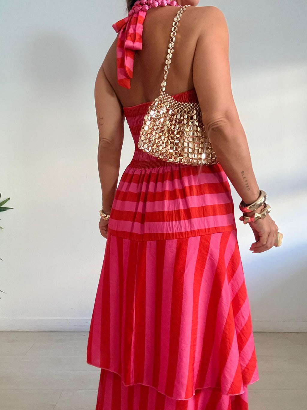 VESTIDO LARGO RAYAS ESPALDA NIDO DE ABEJA