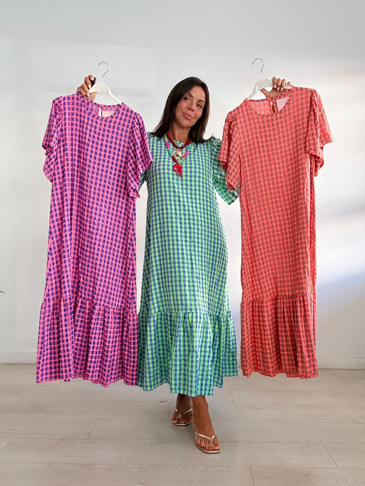 VESTIDO LARGO VICHY MANGA CORTA