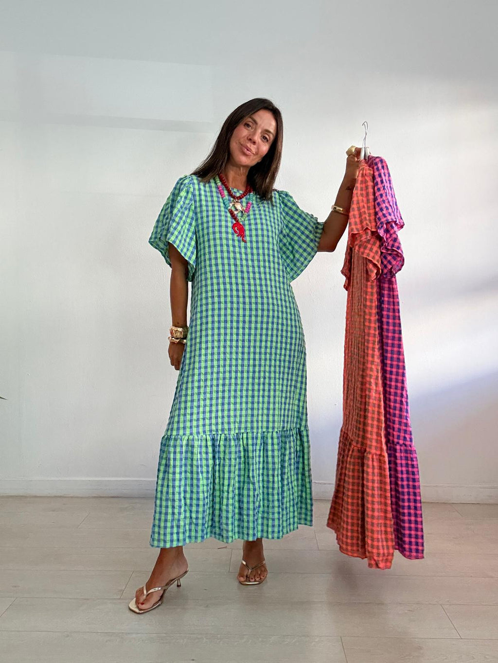 VESTIDO LARGO VICHY MANGA CORTA