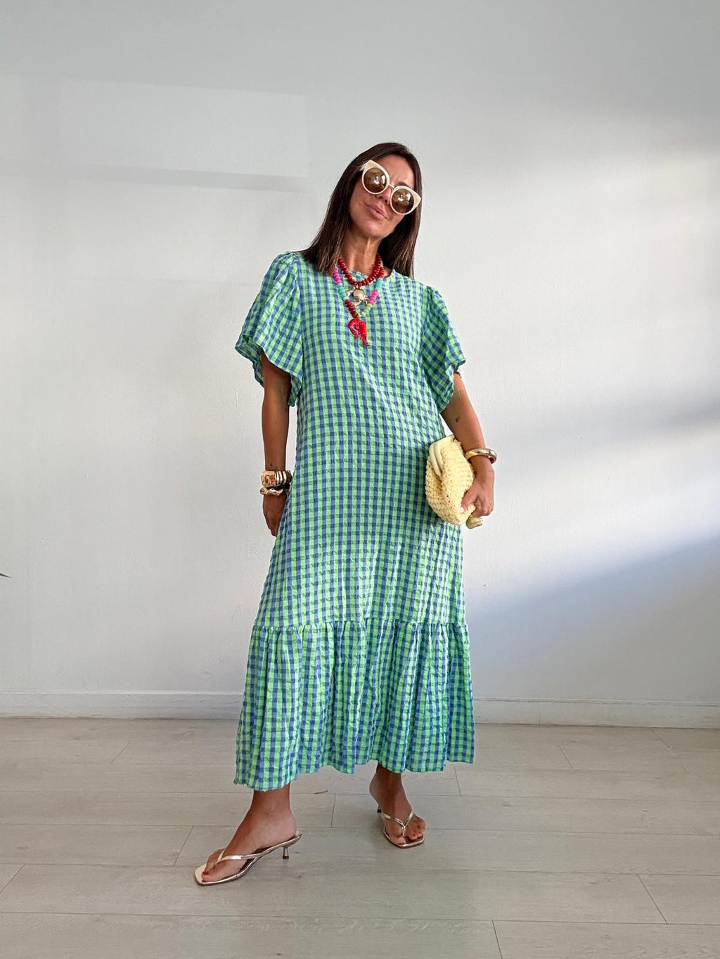 VESTIDO LARGO VICHY MANGA CORTA
