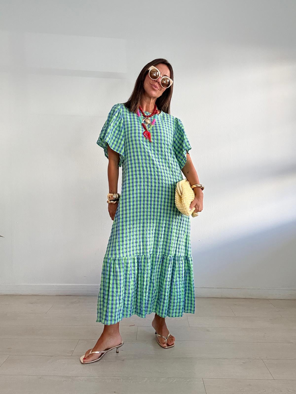 VESTIDO LARGO VICHY MANGA CORTA