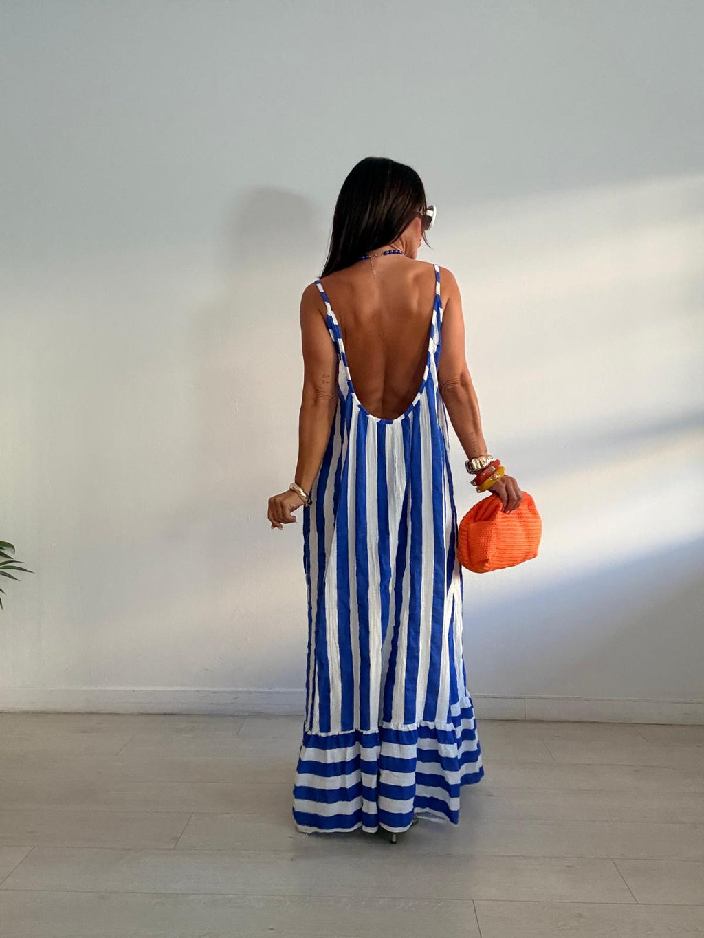 MAXI VESTIDO BICOLOR RAYAS VOLANTITO