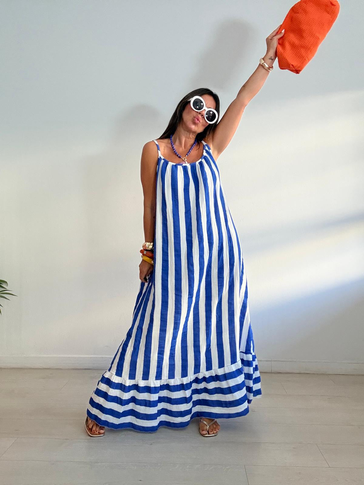 MAXI VESTIDO BICOLOR RAYAS VOLANTITO