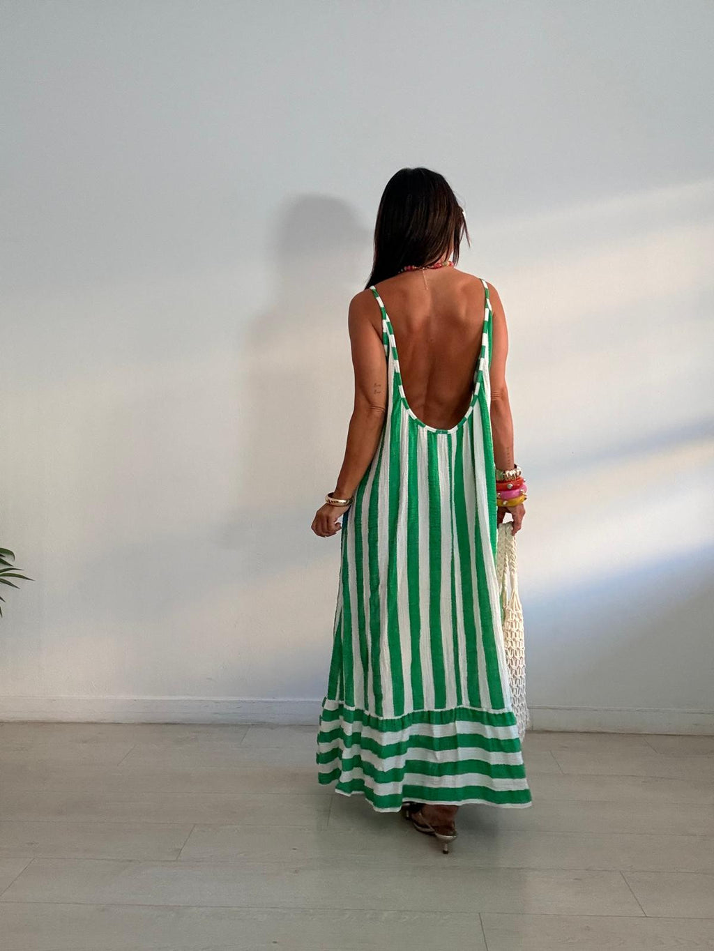 MAXI VESTIDO BICOLOR RAYAS VOLANTITO