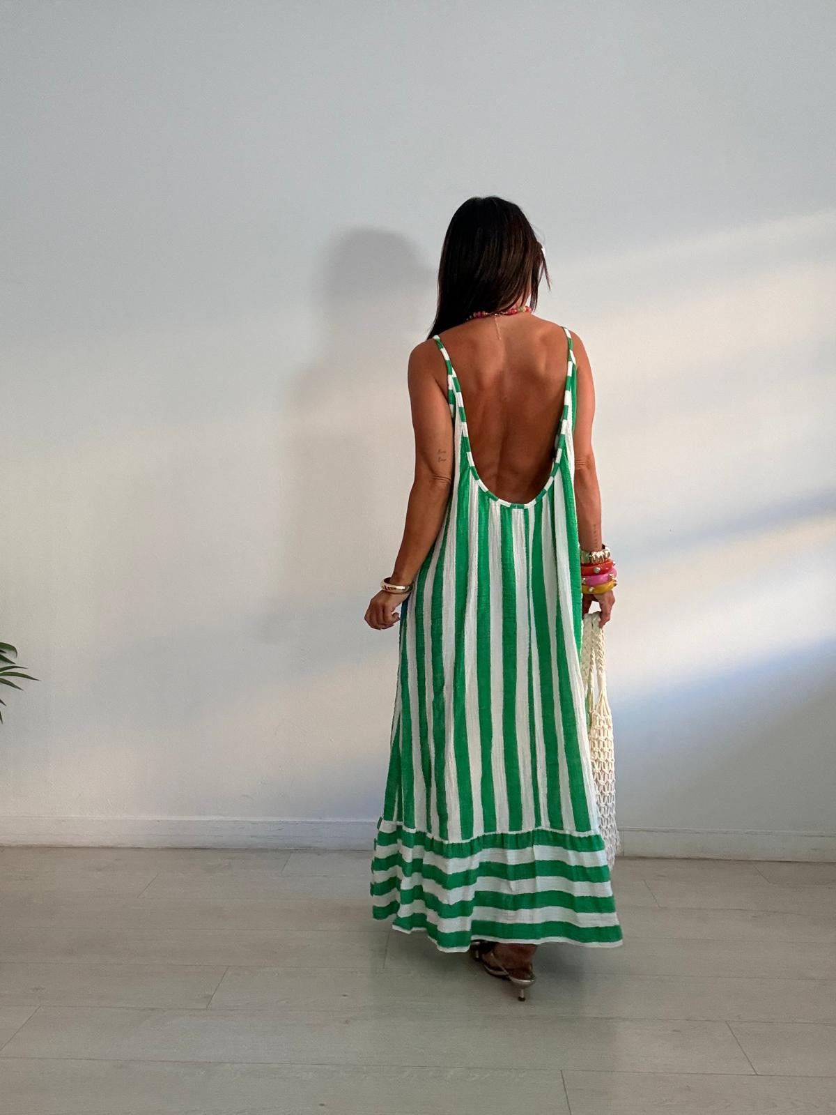 MAXI VESTIDO BICOLOR RAYAS VOLANTITO