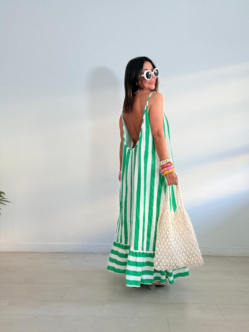 MAXI VESTIDO BICOLOR RAYAS VOLANTITO