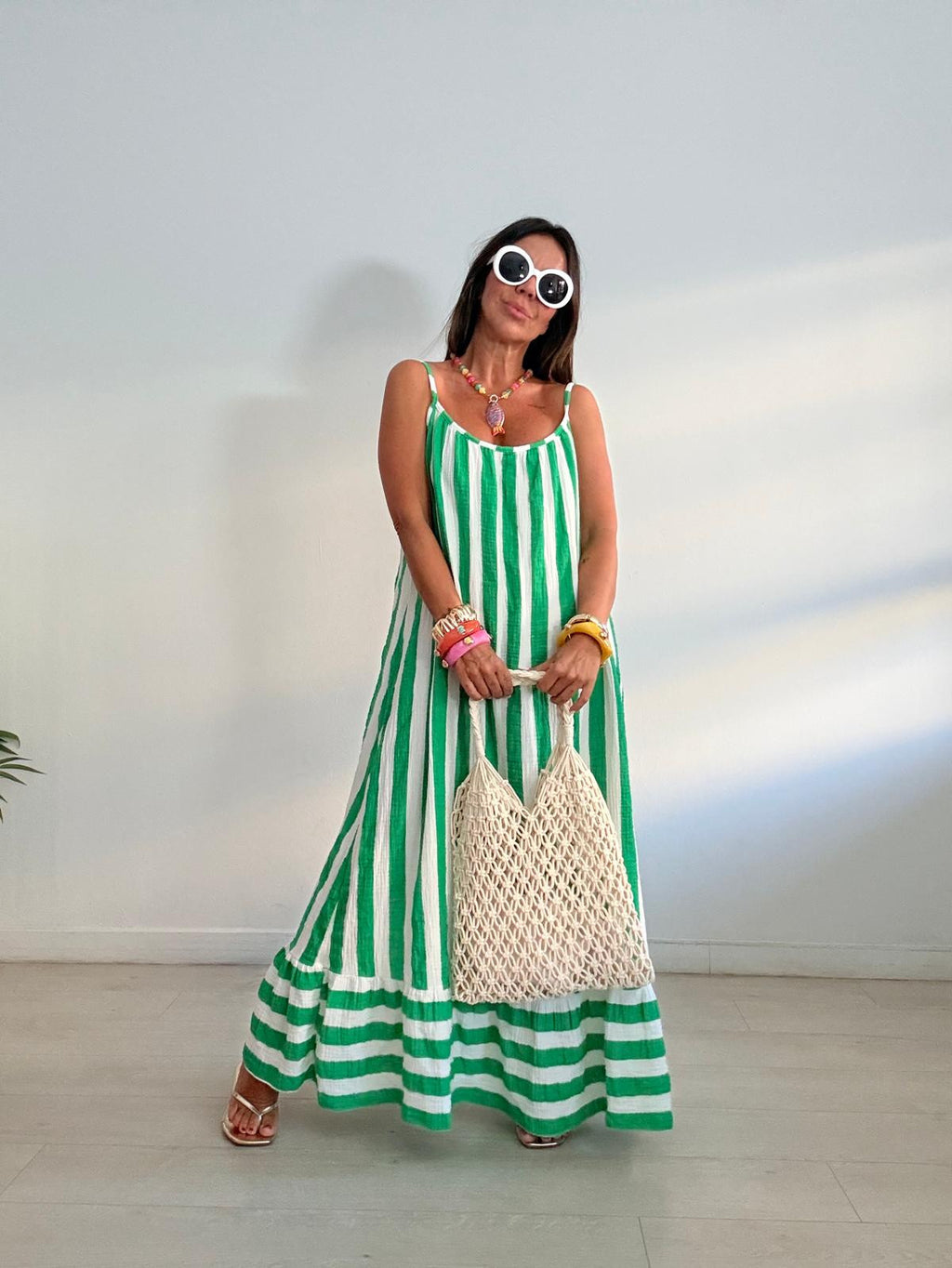MAXI VESTIDO BICOLOR RAYAS VOLANTITO