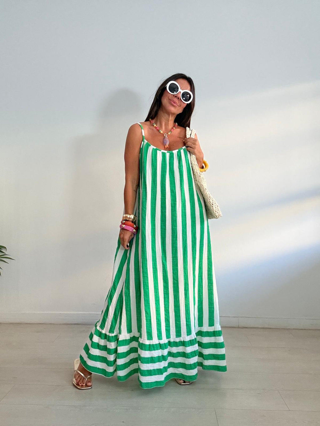 MAXI VESTIDO BICOLOR RAYAS VOLANTITO