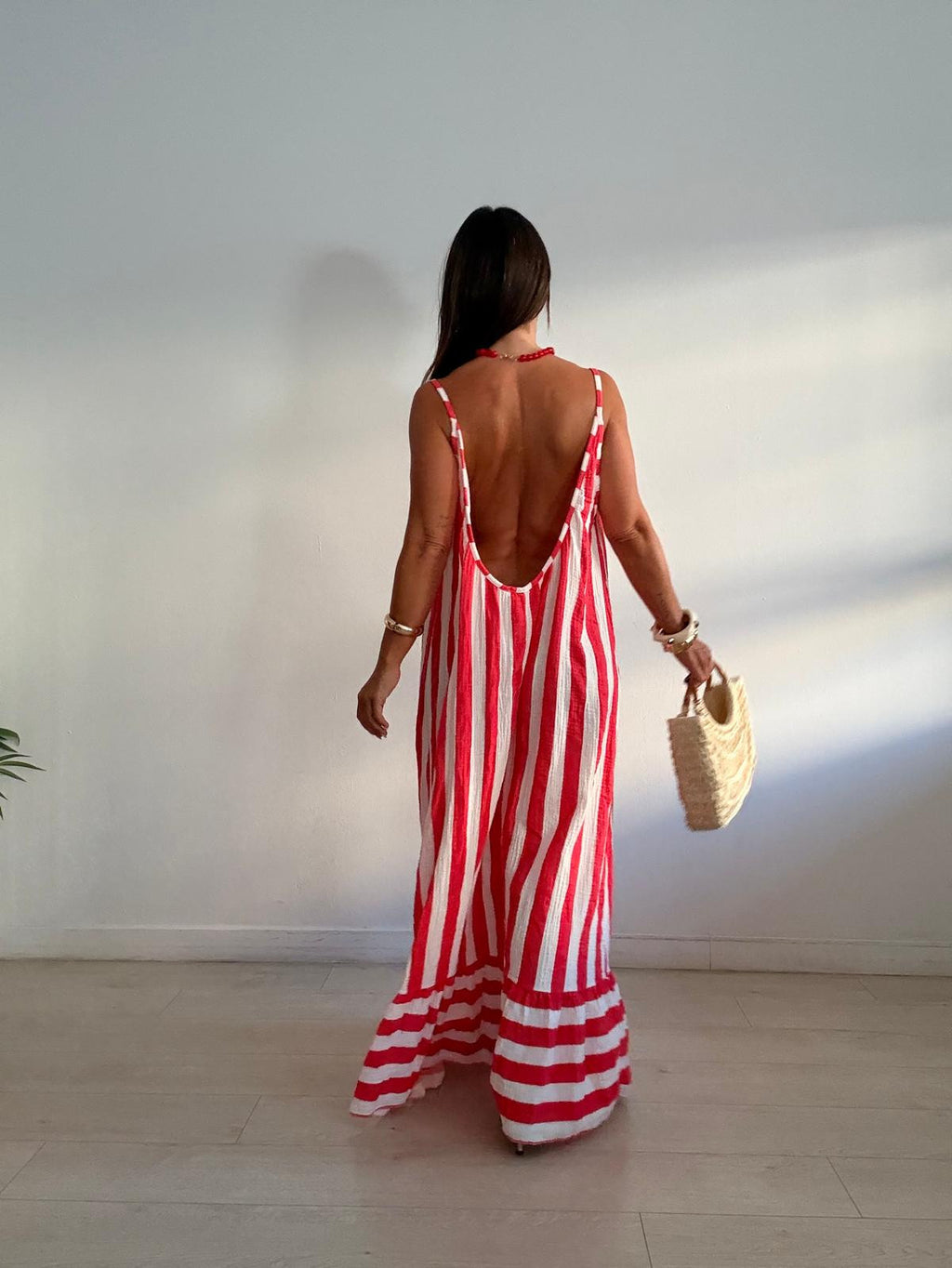 MAXI VESTIDO BICOLOR RAYAS VOLANTITO