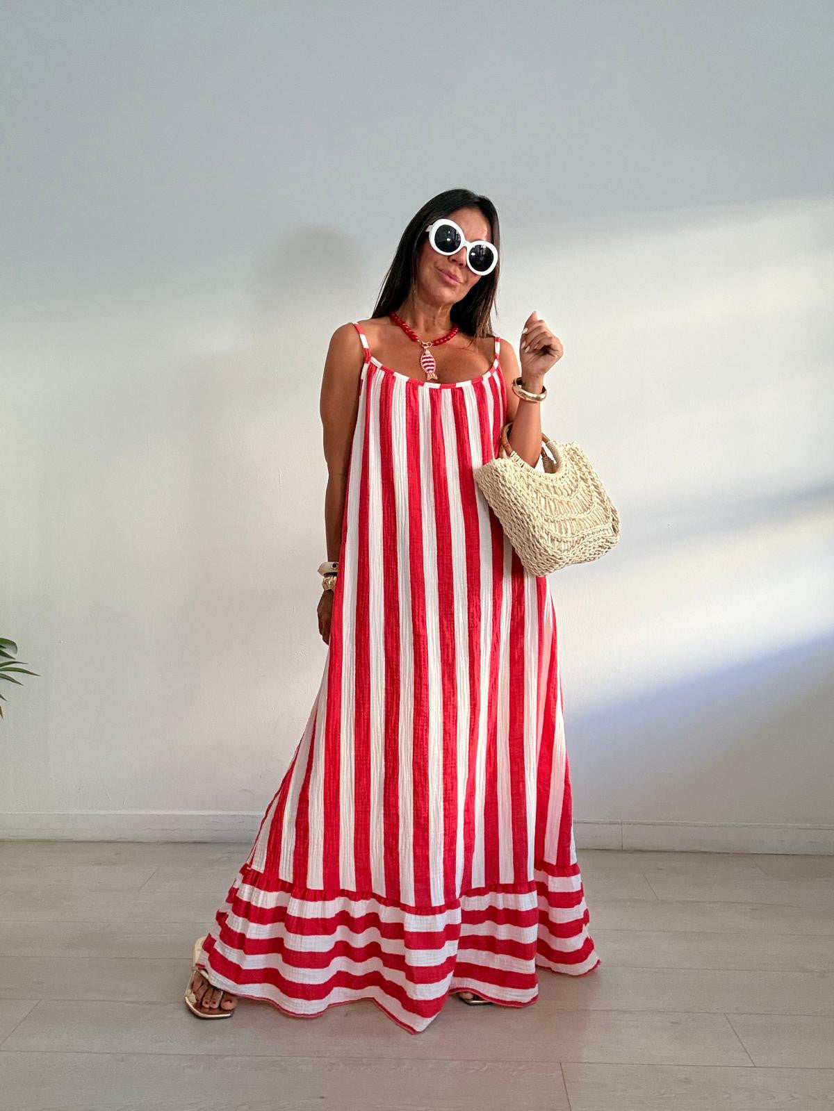MAXI VESTIDO BICOLOR RAYAS VOLANTITO