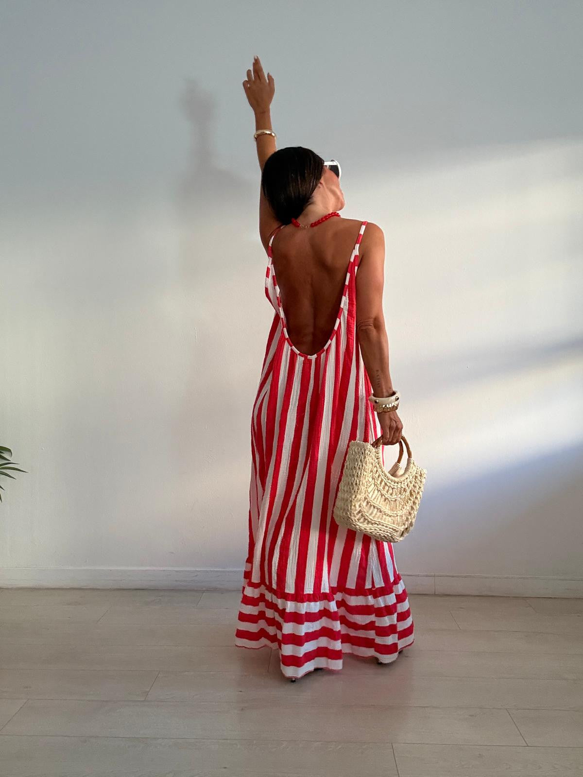 MAXI VESTIDO BICOLOR RAYAS VOLANTITO