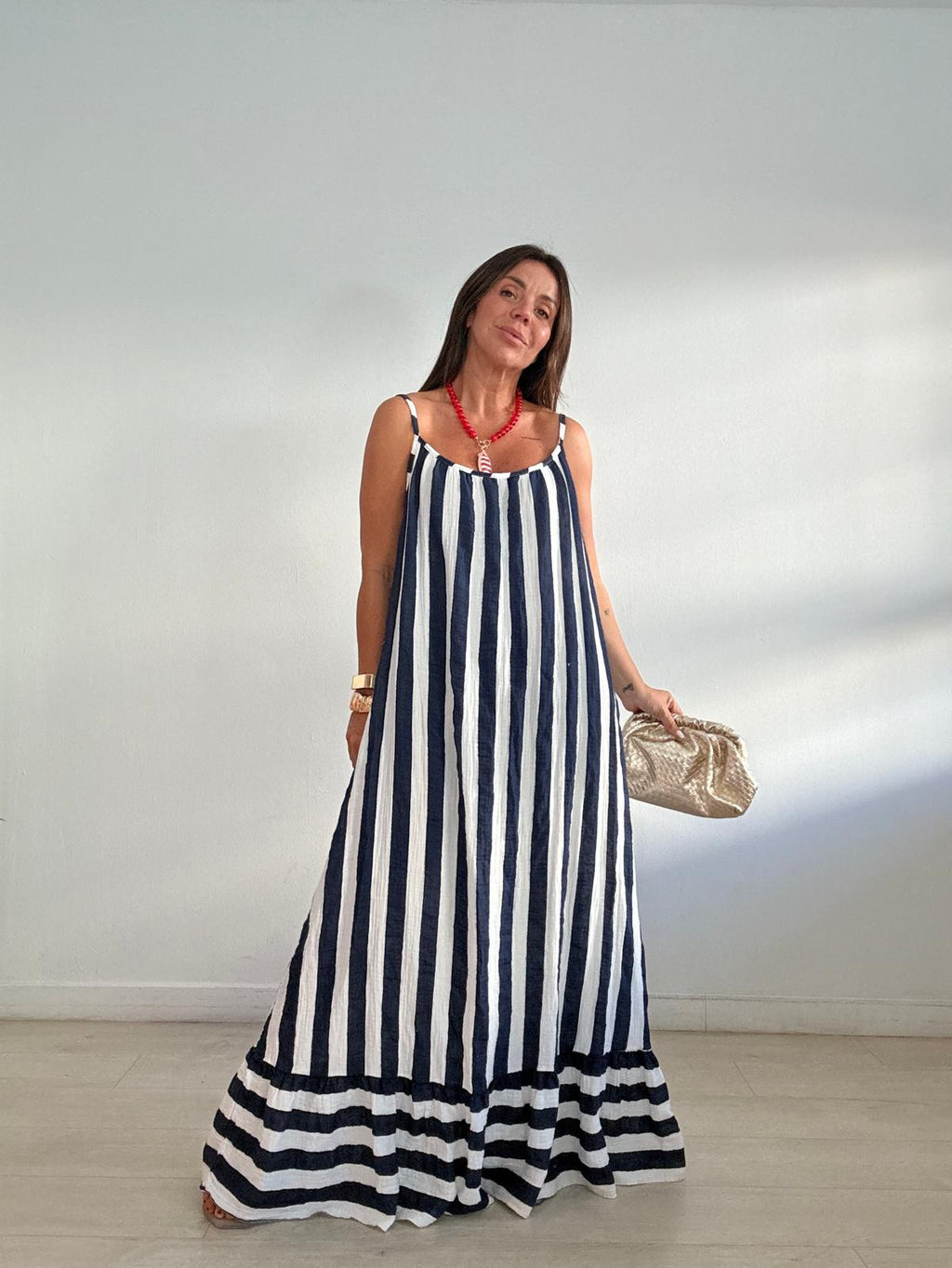 MAXI VESTIDO BICOLOR RAYAS VOLANTITO