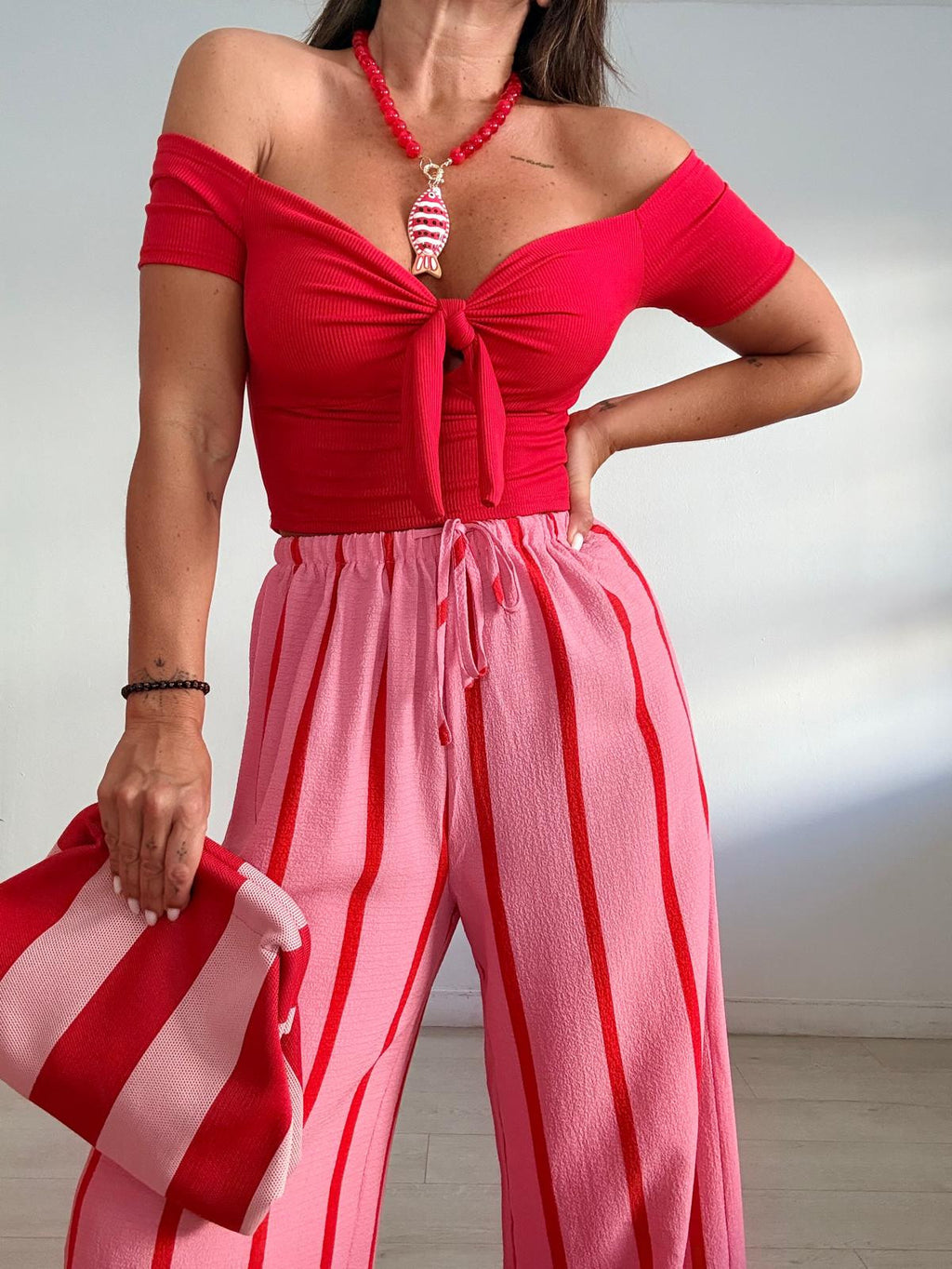 PANTALÓN FLUIDO RAYAS ROJO Y ROSA
