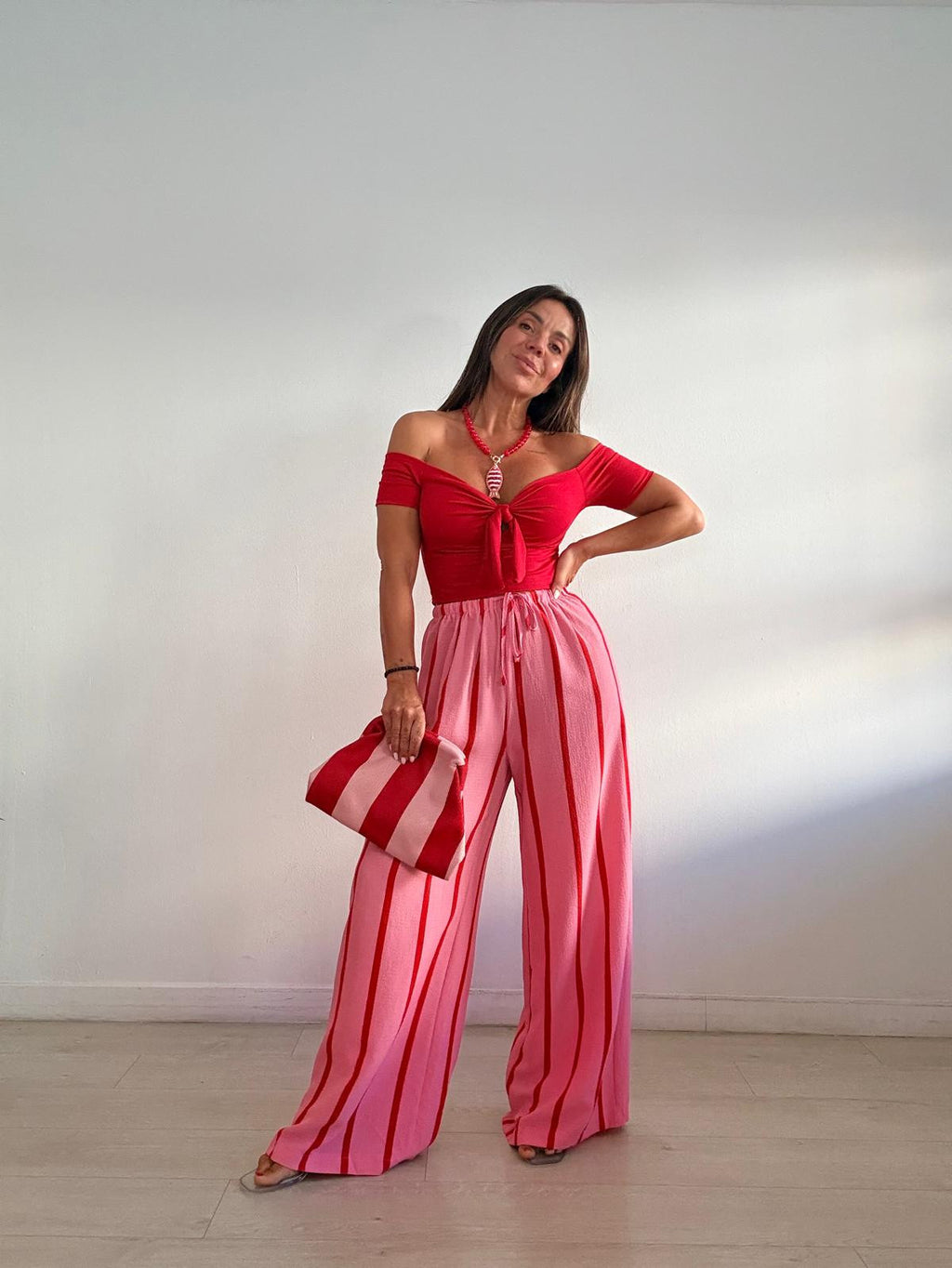 PANTALÓN FLUIDO RAYAS ROJO Y ROSA