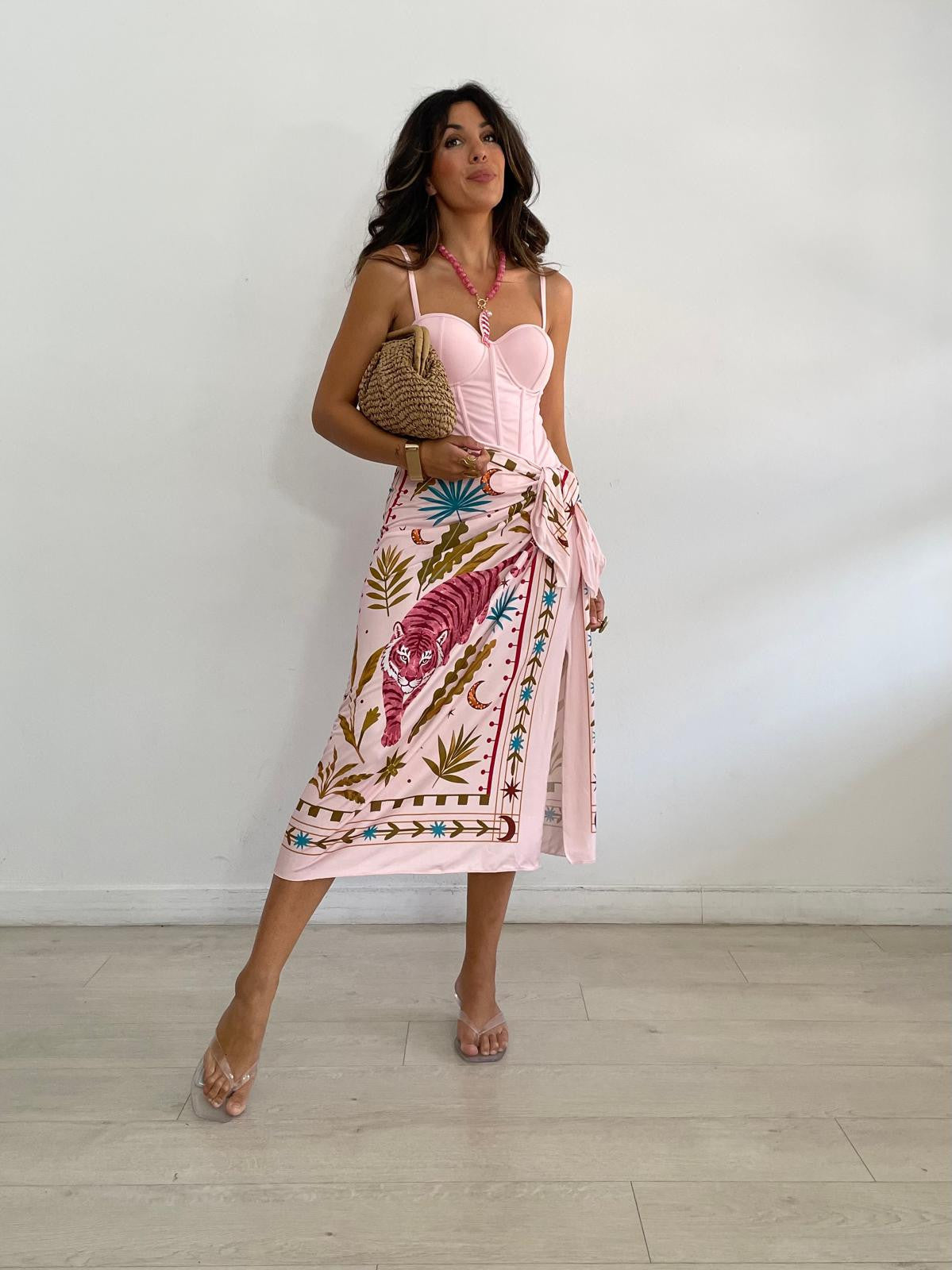 FALDA LARGA LICRA TIGRE ROSA