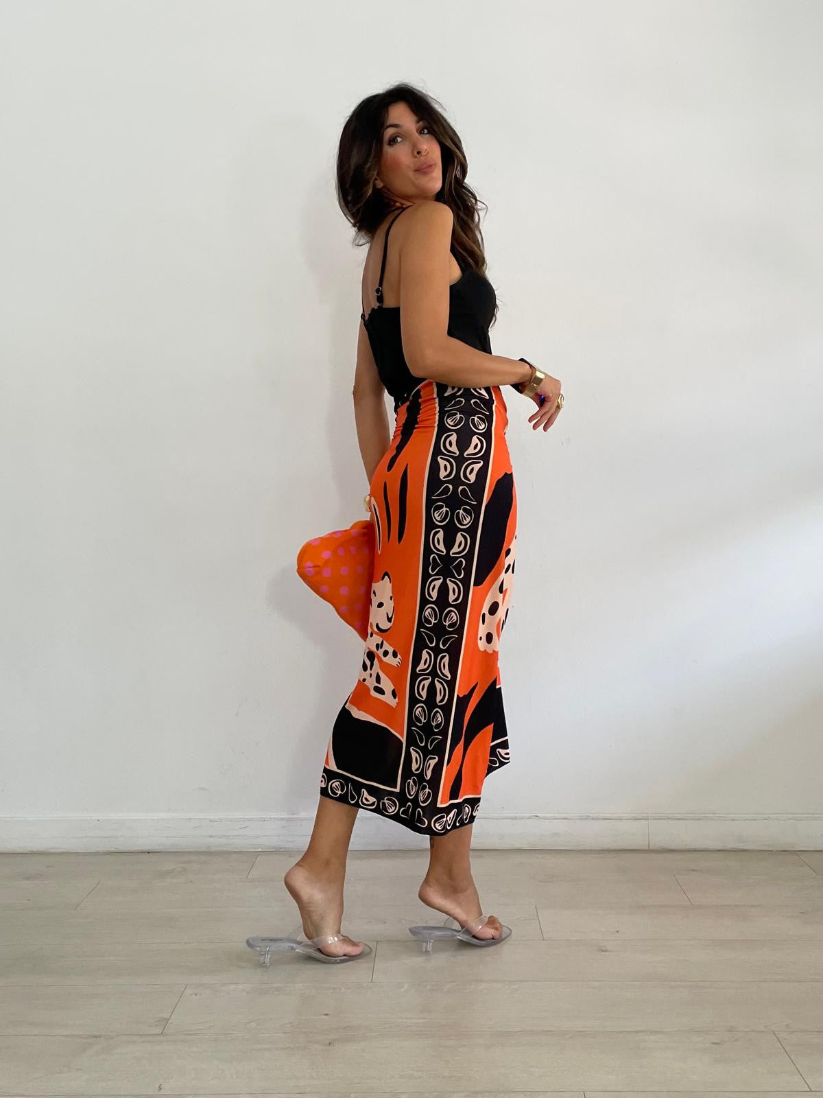 FALDA LARGA LICRA TIGRE NEGRA/NARANJA