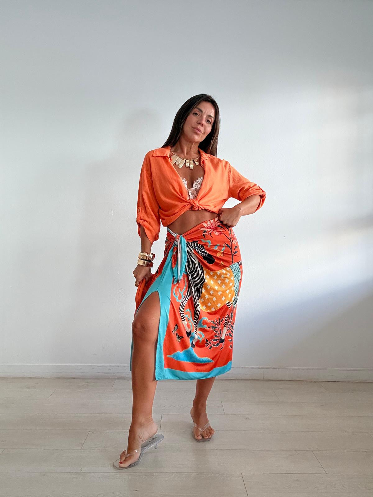 FALDA LARGA LICRA ZEBRA NARANJA