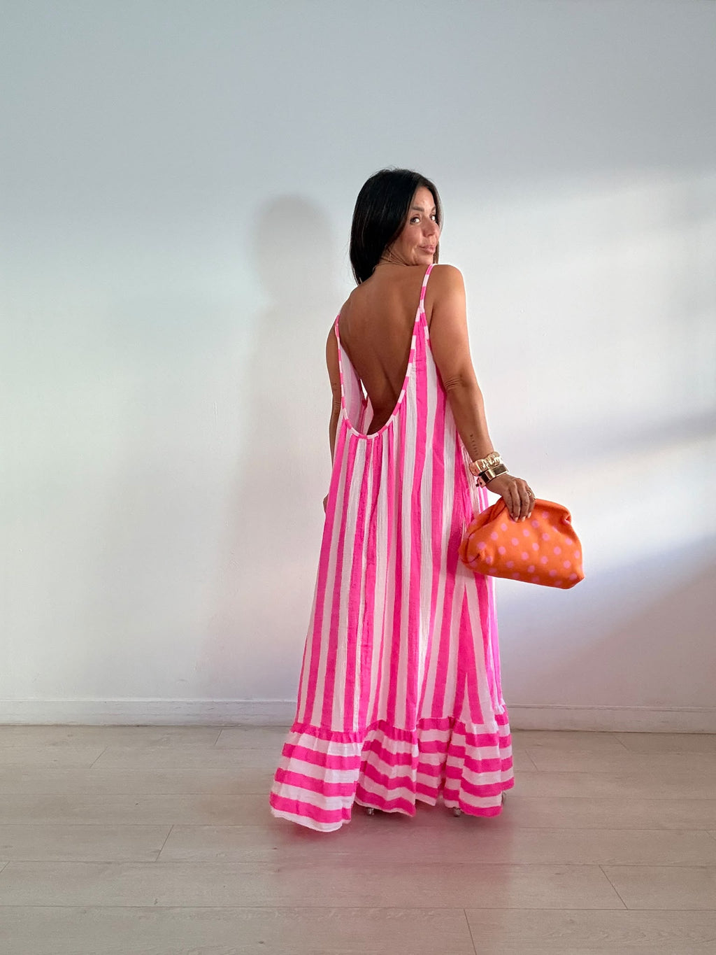 MAXI VESTIDO BICOLOR RAYAS VOLANTITO