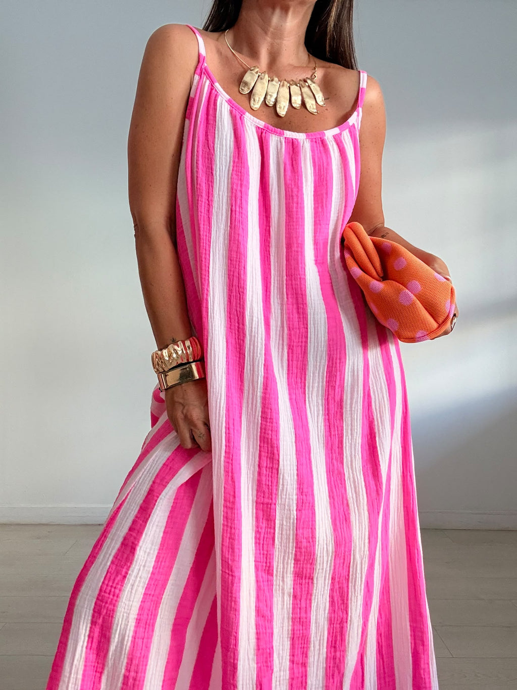 MAXI VESTIDO BICOLOR RAYAS VOLANTITO