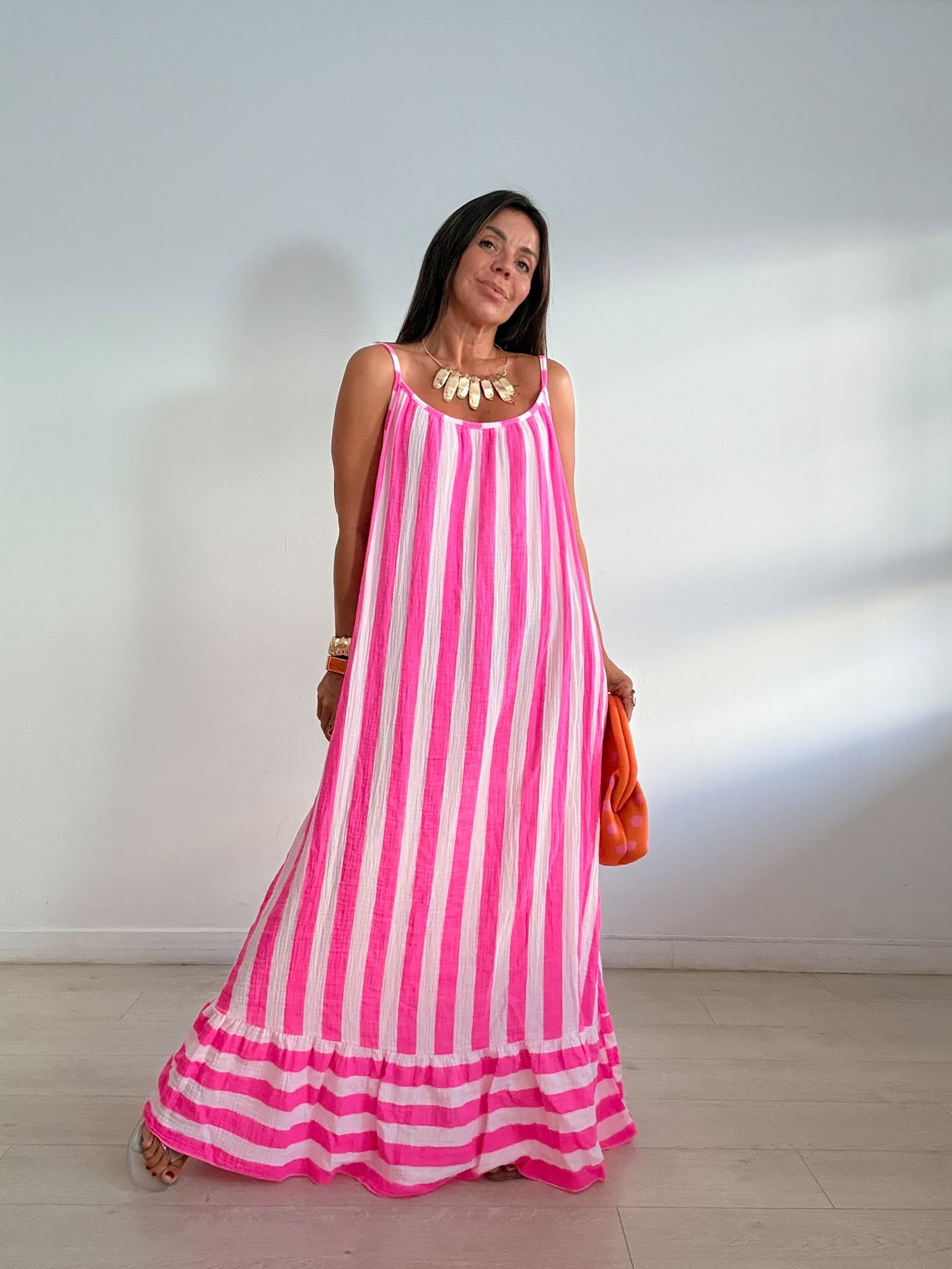 MAXI VESTIDO BICOLOR RAYAS VOLANTITO