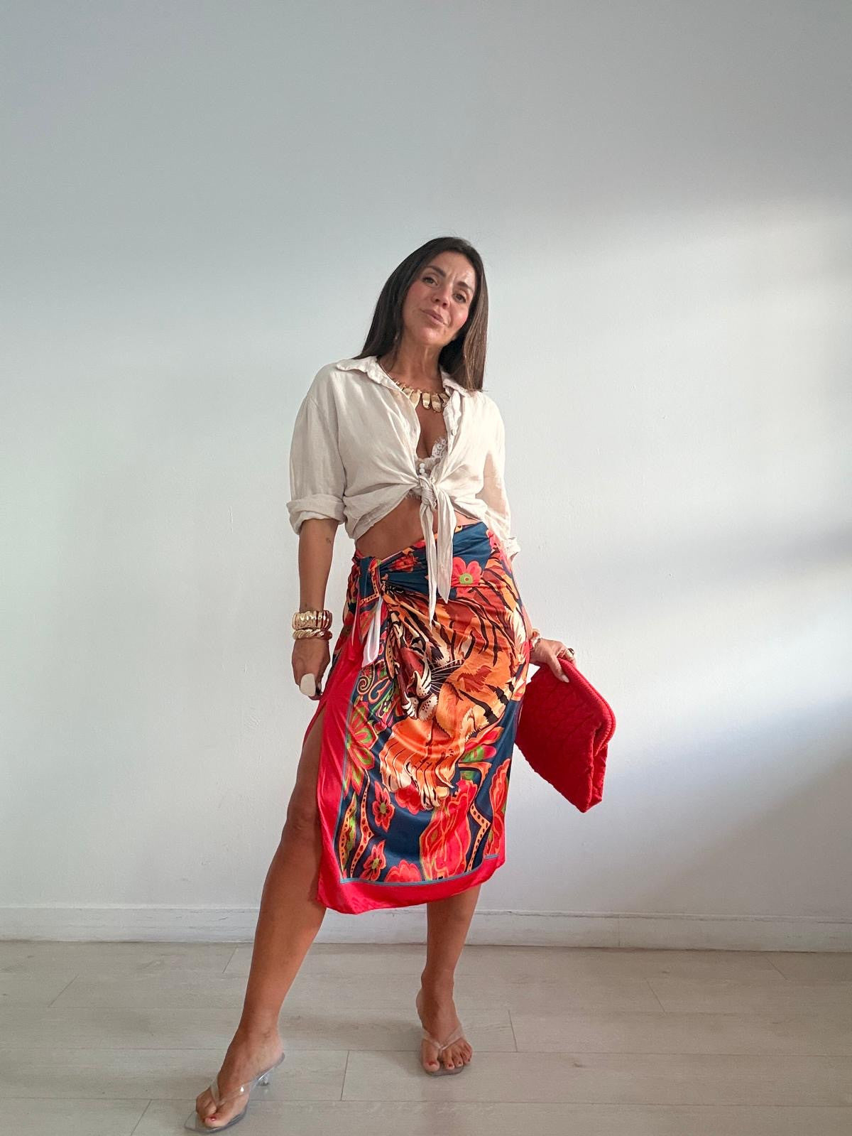 FALDA LARGA LICRA TIGRE CORAL/AZUL