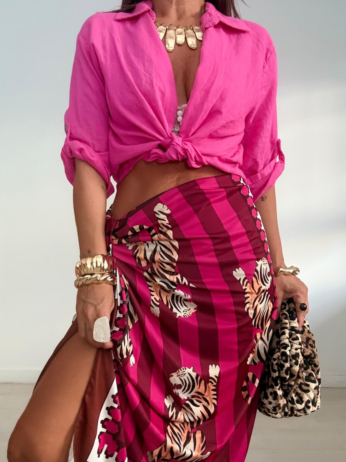 FALDA LARGA LICRA TIGRES GRANATE / FUCSIA