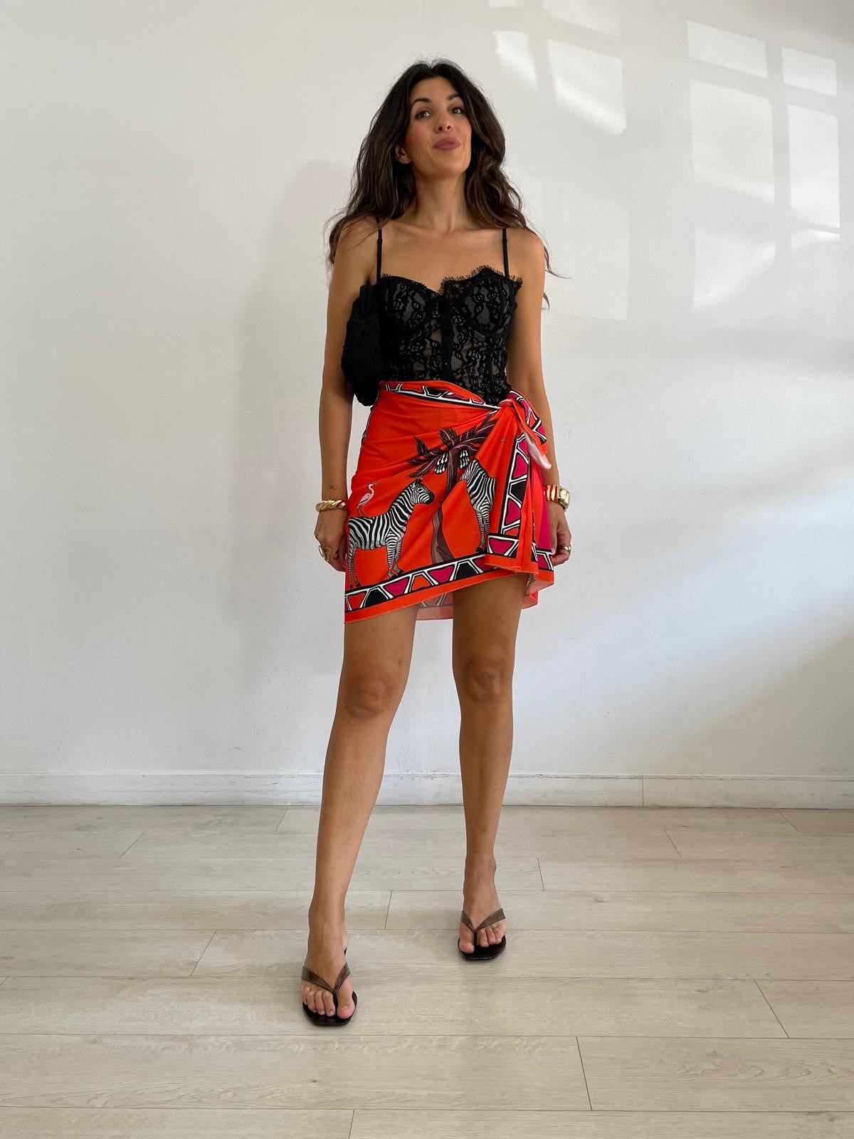 FALDA LAZADA ZEBRAS RAYAS FUCSIA/NARANJA