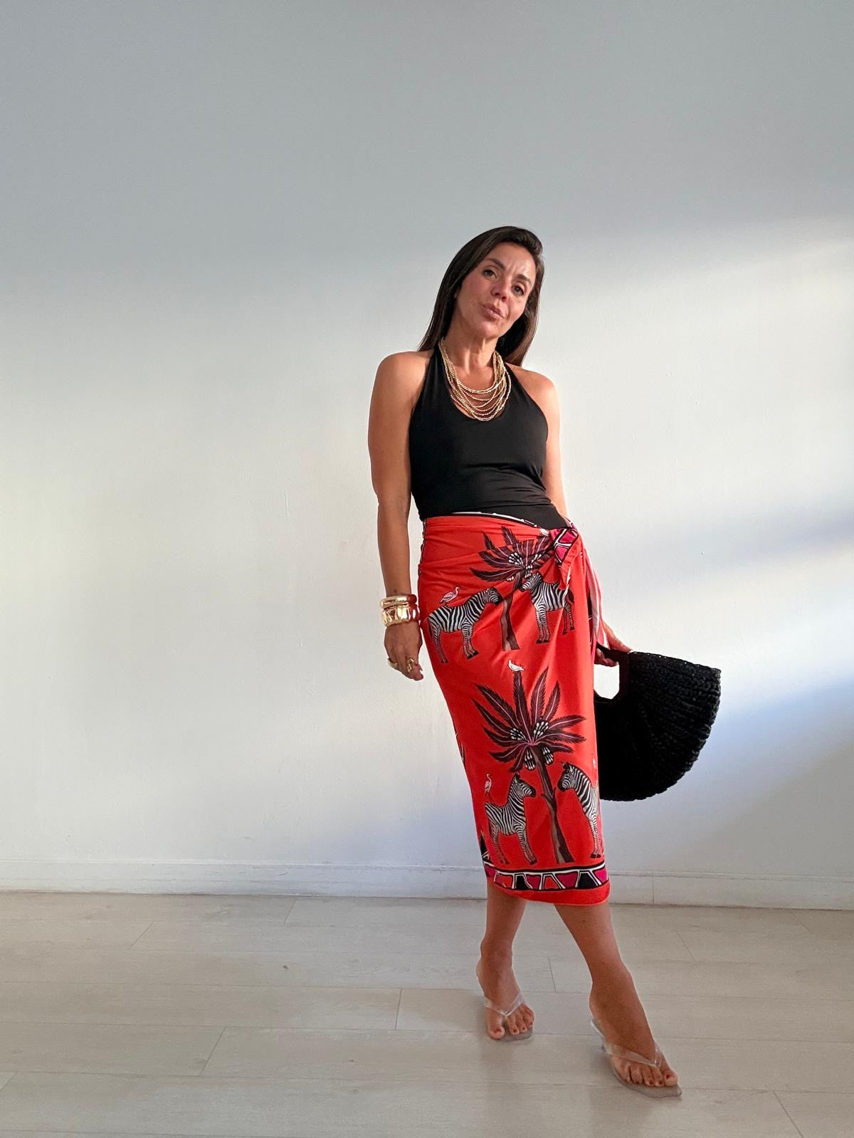 FALDA LARGA LICRA  ZEBRAS RAYAS FUCSIA/NARANJA
